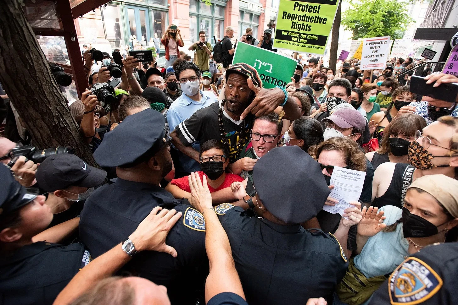 Pro-abortion protesters confront police in front of the Bleecker Street facility in an undated photo. Credit: Jeffrey Bruno via the National Catholic Register