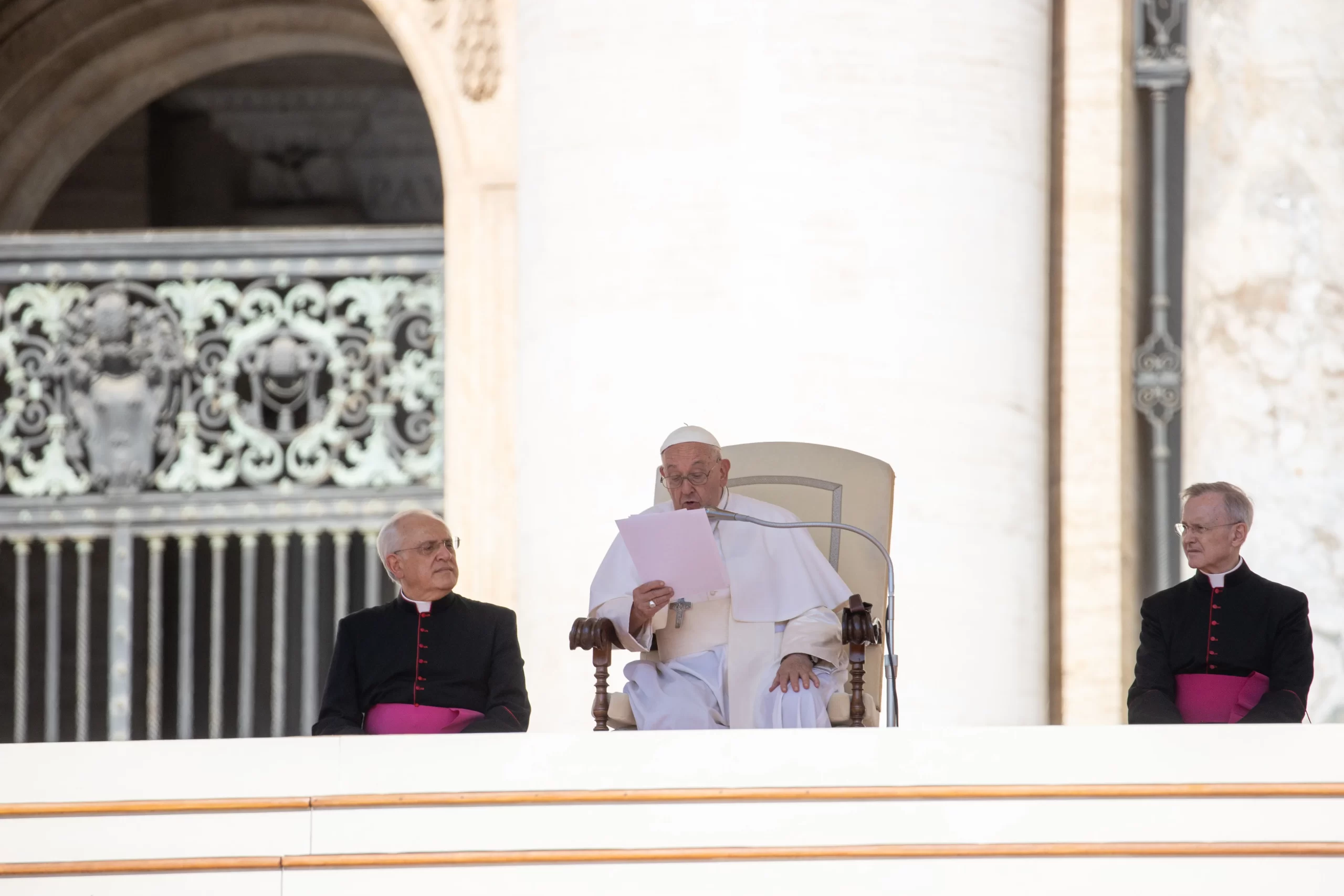 Pope Francis reads from remarks at his general audience in St. Peter's Square at the Vatican, Wednesday, June 26, 2024. Credit: Daniel Ibanez/CNA