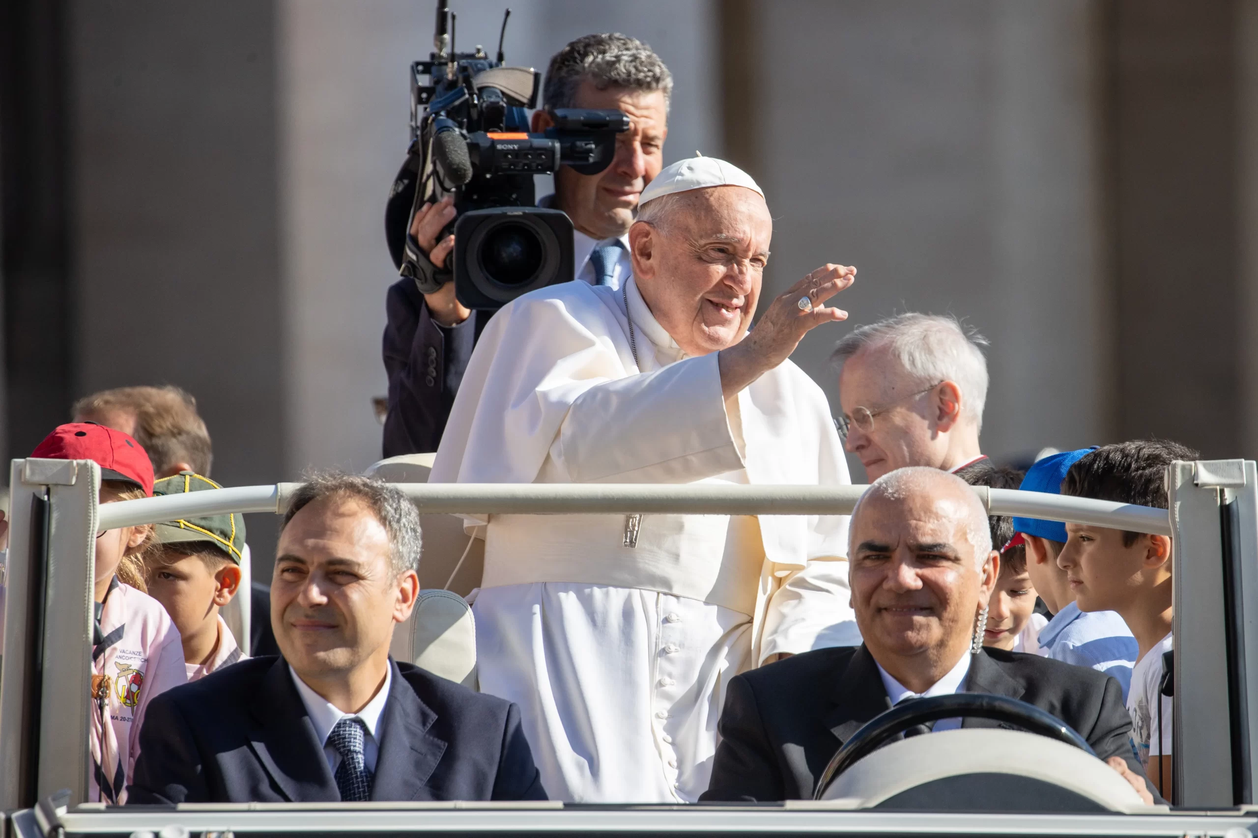Pope Francis waves to pilgrims at his general audience in St. Peter's Square at the Vatican, Wednesday, June 26, 2024. Credit: Daniel Ibanez/CNA