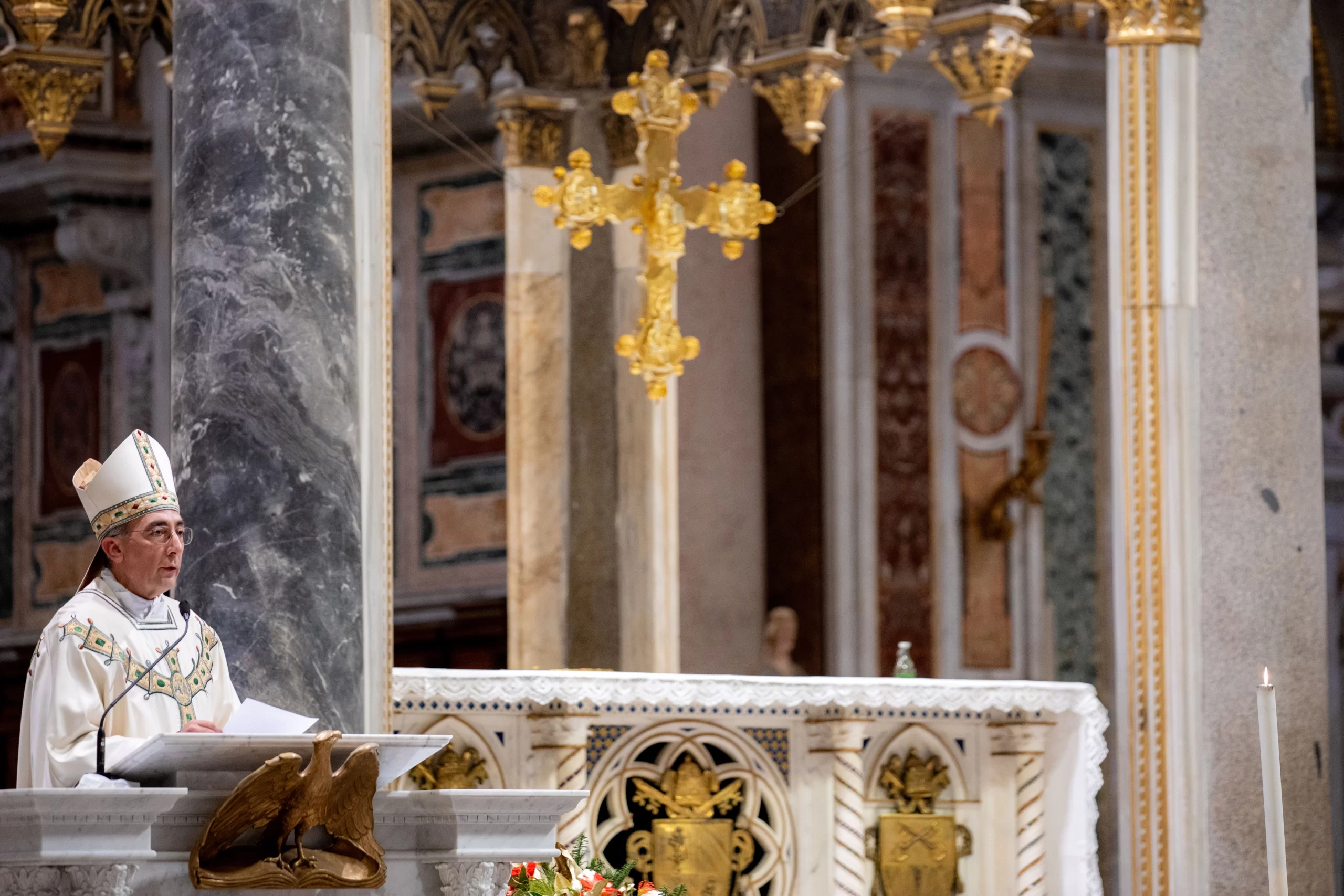 Cardinal Reina addresses the congregation during the episcopal ordination Mass of Msgr. Renato Tarantelli Baccari at the Basilica of St. John Lateran in Rome, Jan. 4, 2025. Credit: Daniel Ibáñez/CNA