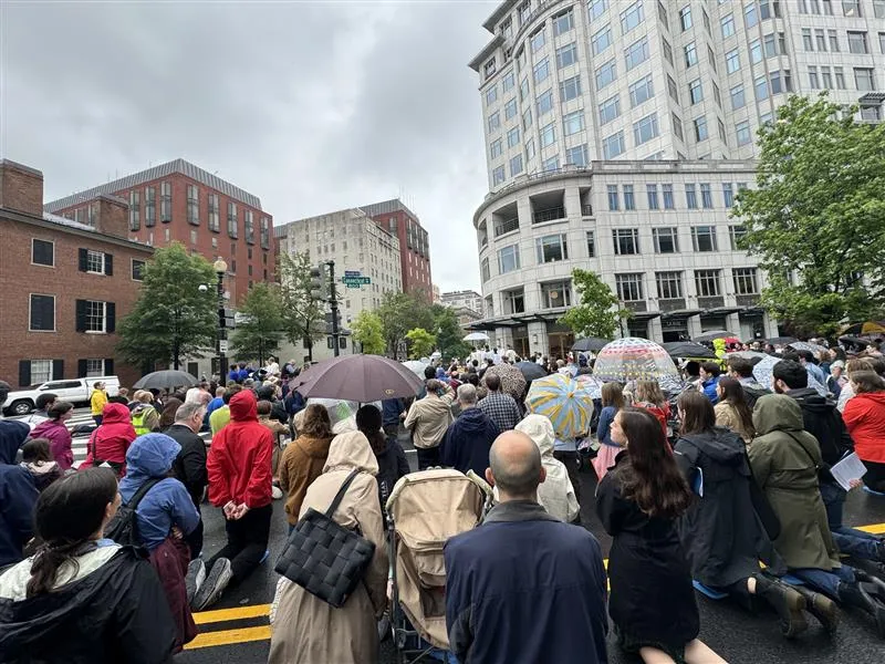 The faithful kneel during the Eucharistic procession in Washington, D.C., to celebrate the solemnity of St. Joseph on May 18, 2024. Credit: Christina Herrera