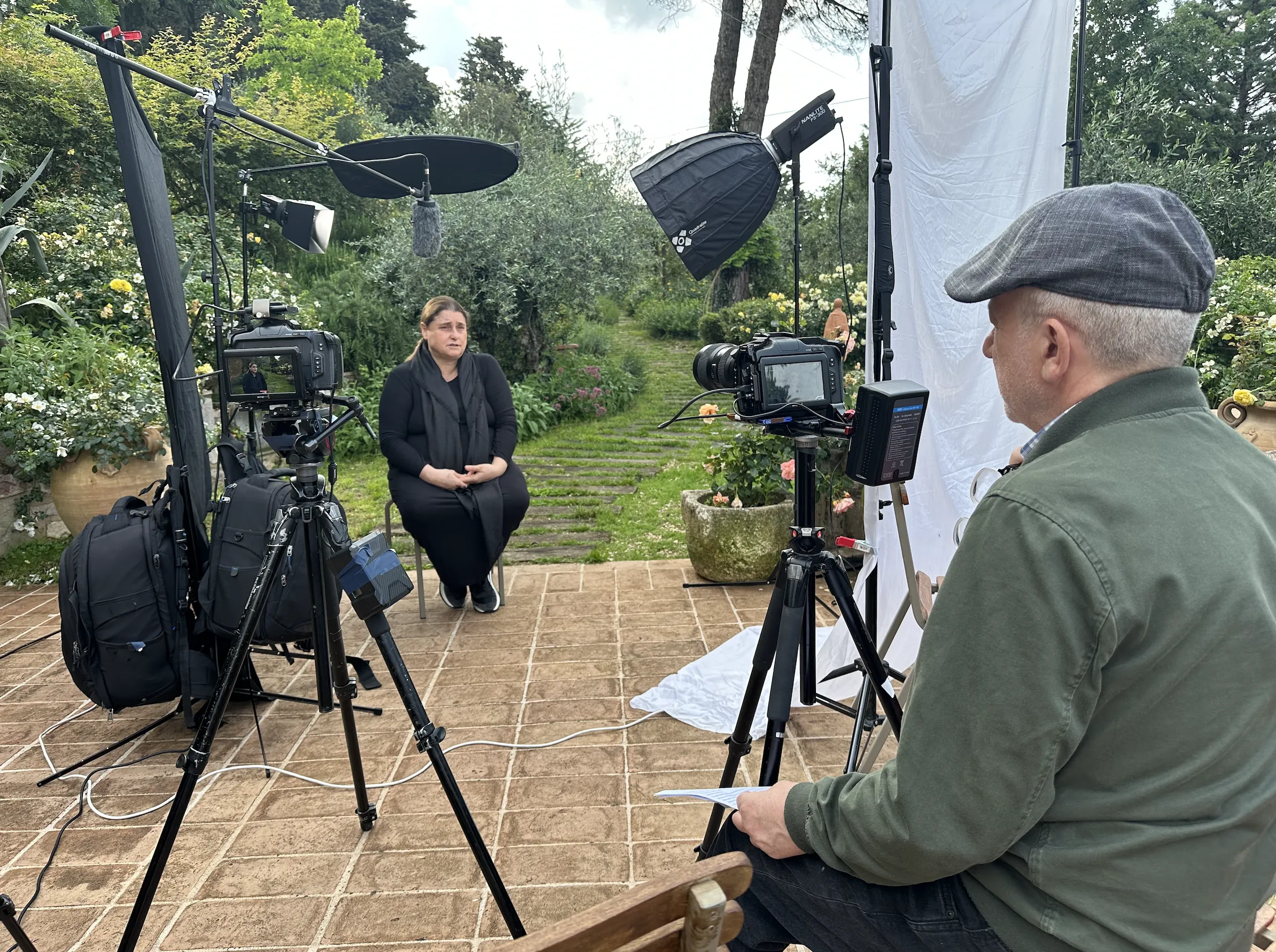 A behind-the-scenes look at Antonia Salzano Acutis, Carlo's mother, during the filming of "Roadmap to Reality: Carlo Acutis and Our Digital Age." Credit: Castletown Media