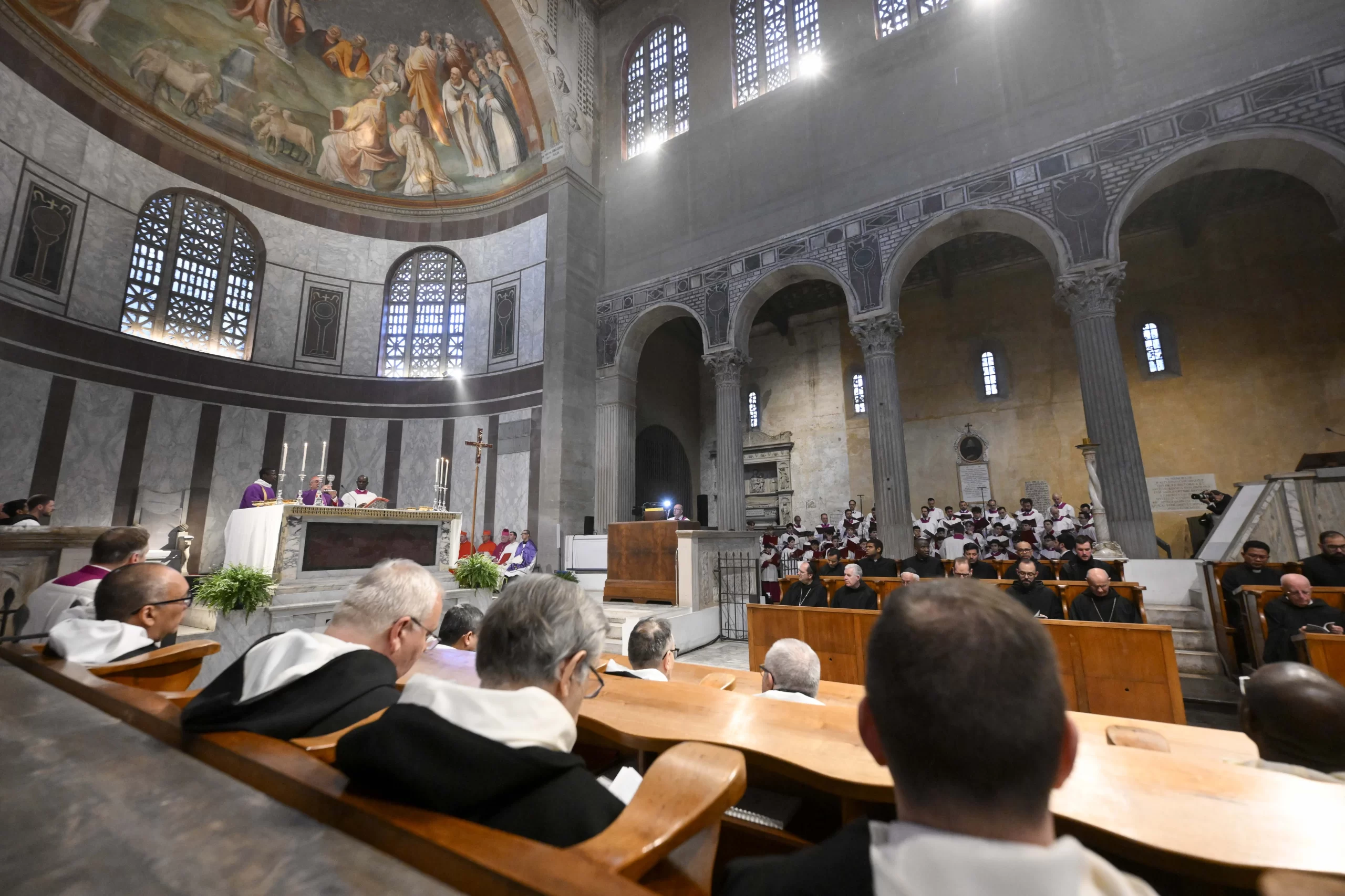 Cardinals, bishops, and religious brothers and sisters of Benedictine and Dominican orders participate in Ash Wednesday Mass on March 5, 2025, at the Basilica of Santa Sabina located on Rome’s Aventine Hill. Credit: Vatican Media