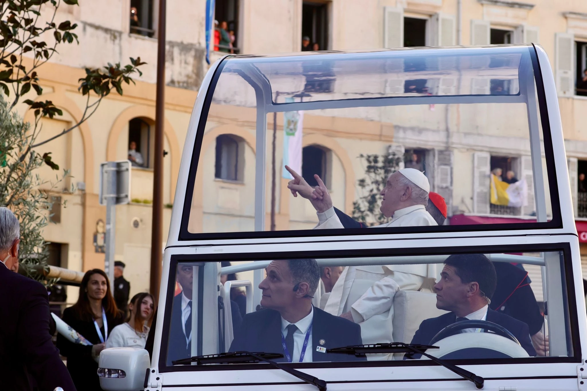 Pope Francis views a statue of the Madunnuccia, the patron saint of Corsica, on Sunday, Dec. 15, 2024. Credit: Daniel Ibáñez/CNA