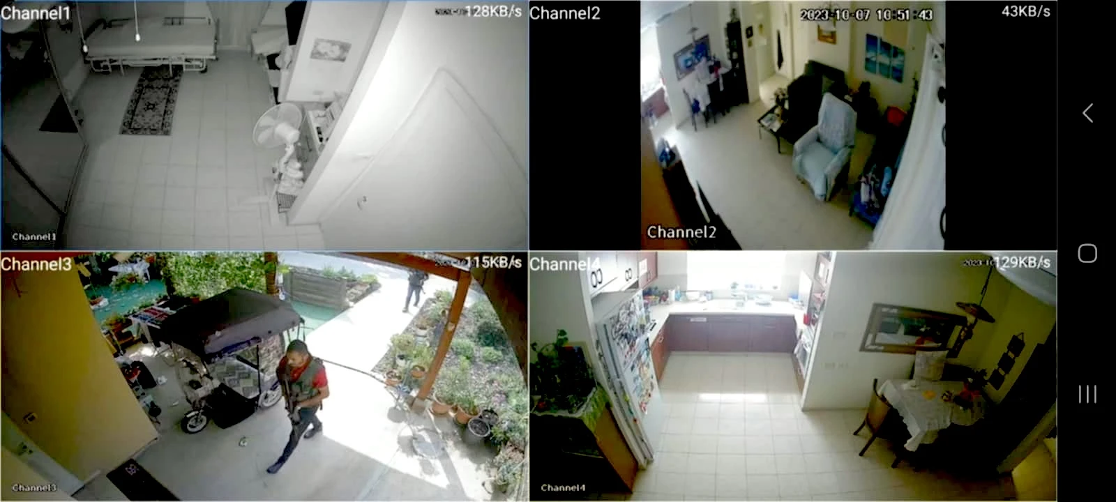 Screenshot of camera footage from Ester Rot's home at 10:51 a.m. on Oct. 7, 2023, in Kibbutz Be'eri, where Monica Biboso lived and worked as a caregiver for the elderly woman. Two armed men can be seen in the lower left of the screen near the home. Around 11 a.m., Hamas fighters managed to break into the house by blasting a hole with explosives. Shortly afterward they set fire to the house. Credit: Courtesy of Monica Biboso