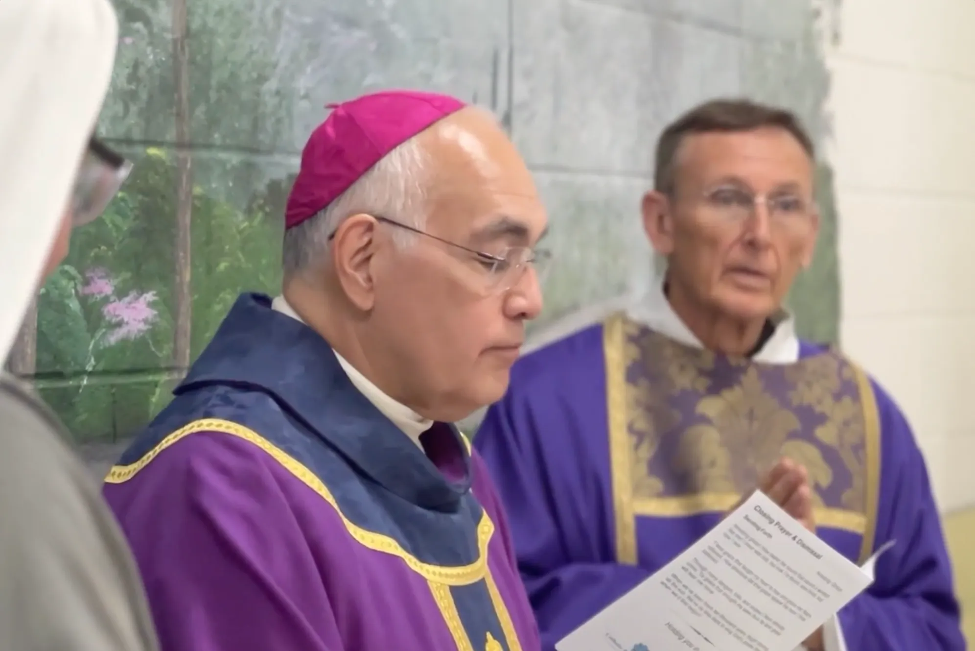 Deacon Ronnie Lastovica, right, and Bishop Joe Vasquez of the Diocese of Austin celebrate Mass in the Mountain View Unit prison in Gatesville, Texas, which houses the state's female death row, on Dec. 1, 2023. Credit: Catholic Prison Ministries Coalition/TDCJ Communications