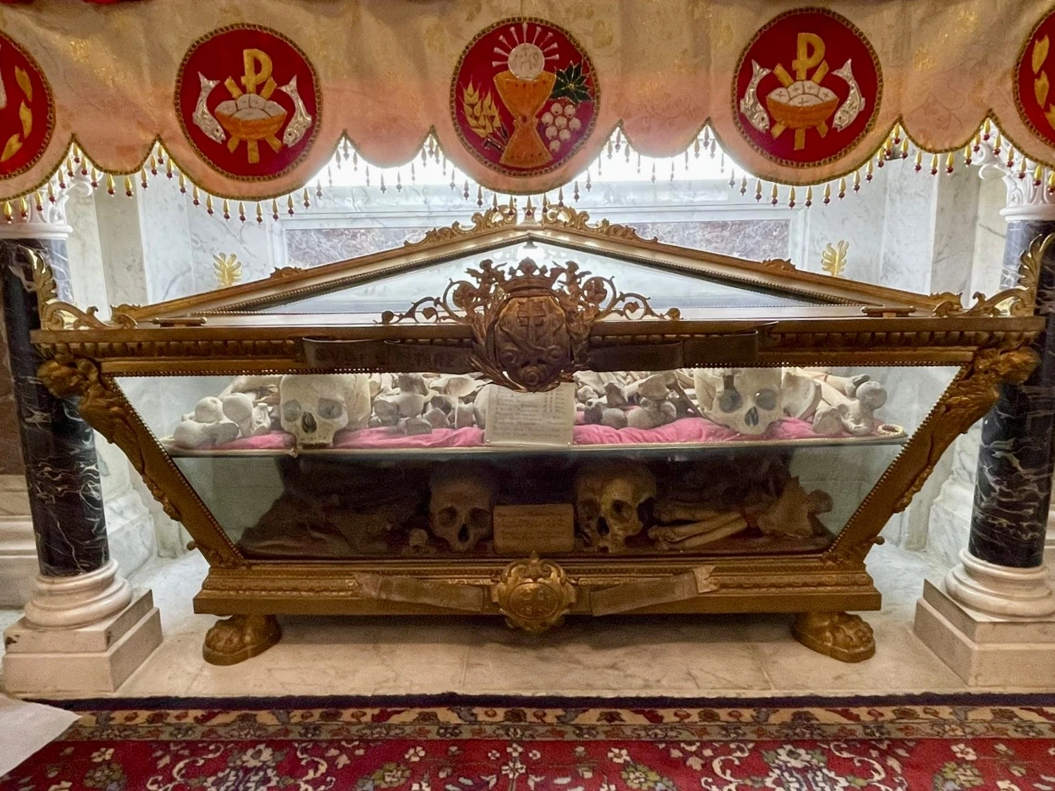 The urn containing the bones of the "Martyrs of Damascus" — eight Franciscan friars from the Order of Friars Minor and three laypeople, the brothers Francis, Abdel Mohti, and Raphaël Massabki. The urn is located beneath the altar in a chapel dedicated to the Franciscan martyrs inside the Catholic church in the Christian quarter of Bab-Touma (St. Paul) in the Old City of Damascus. The martyrdoom took place on the night between July 9 and 10, 1860. Credit: Courtesy of HS/Custody of the Holy Land