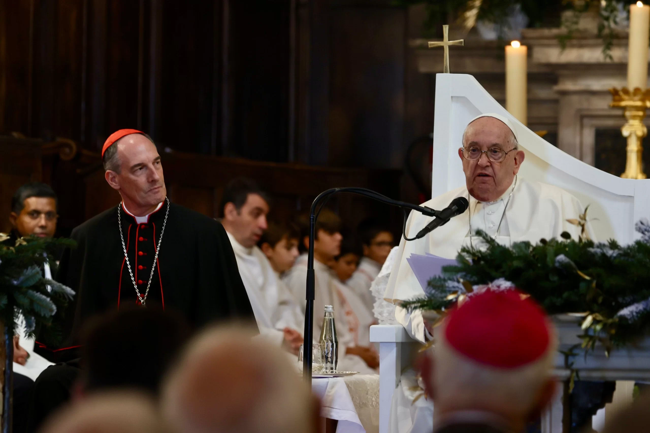 Pope Francis prays the Angelus with French bishops, priests, deacons, seminarians and religious at Our Lady of the Assumption Cathedral on the island of Corsica, Sunday, Dec. 15, 2024. Credit: Daniel Ibáñez/CNA