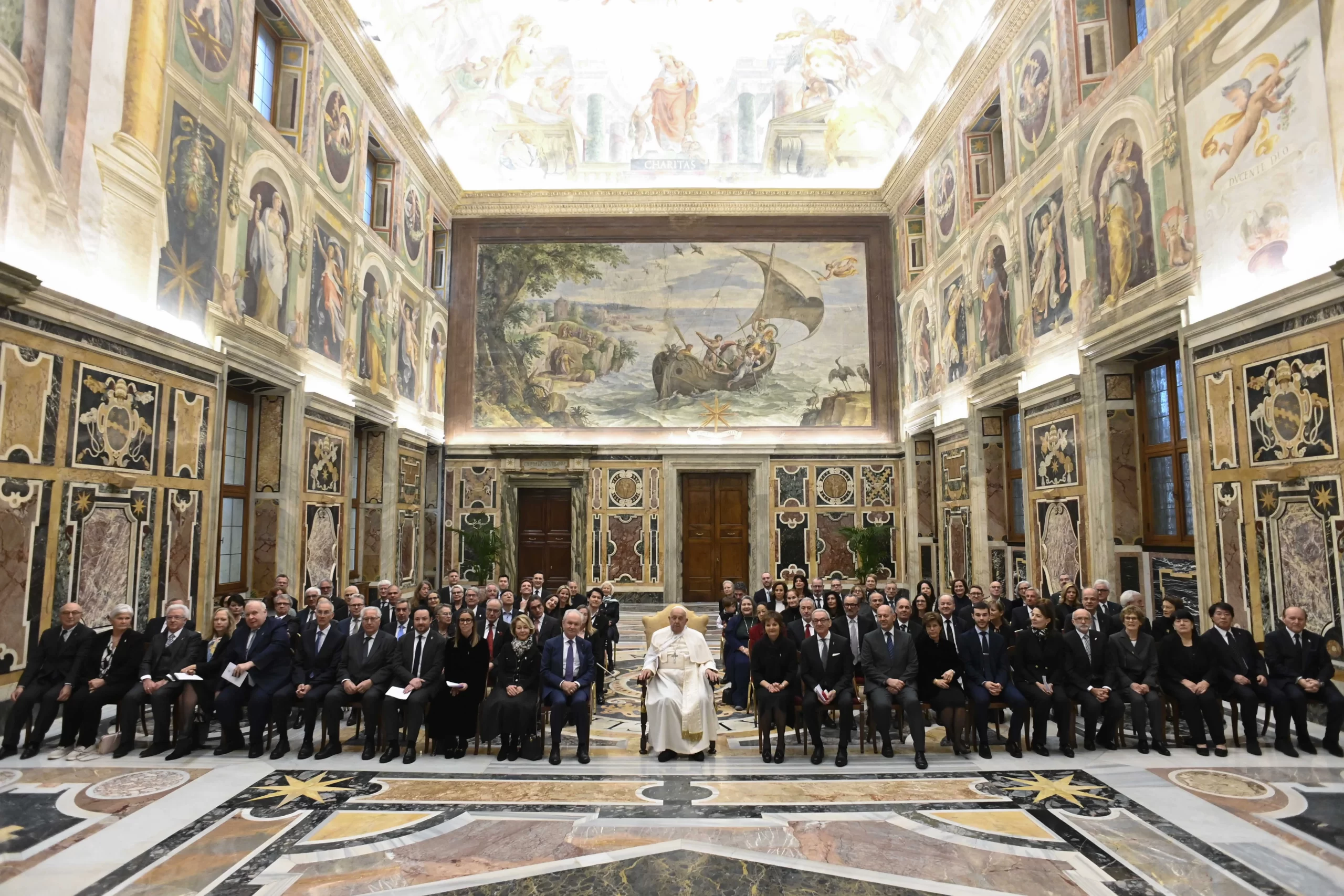 Pope Francis meets with members of the Pontifical Swiss Guard Foundation in the Vatican’s richly-frescoed Clementine Hall during an audience marking the organization’s 25th anniversary, Jan. 18, 2025. Credit: Vatican Media