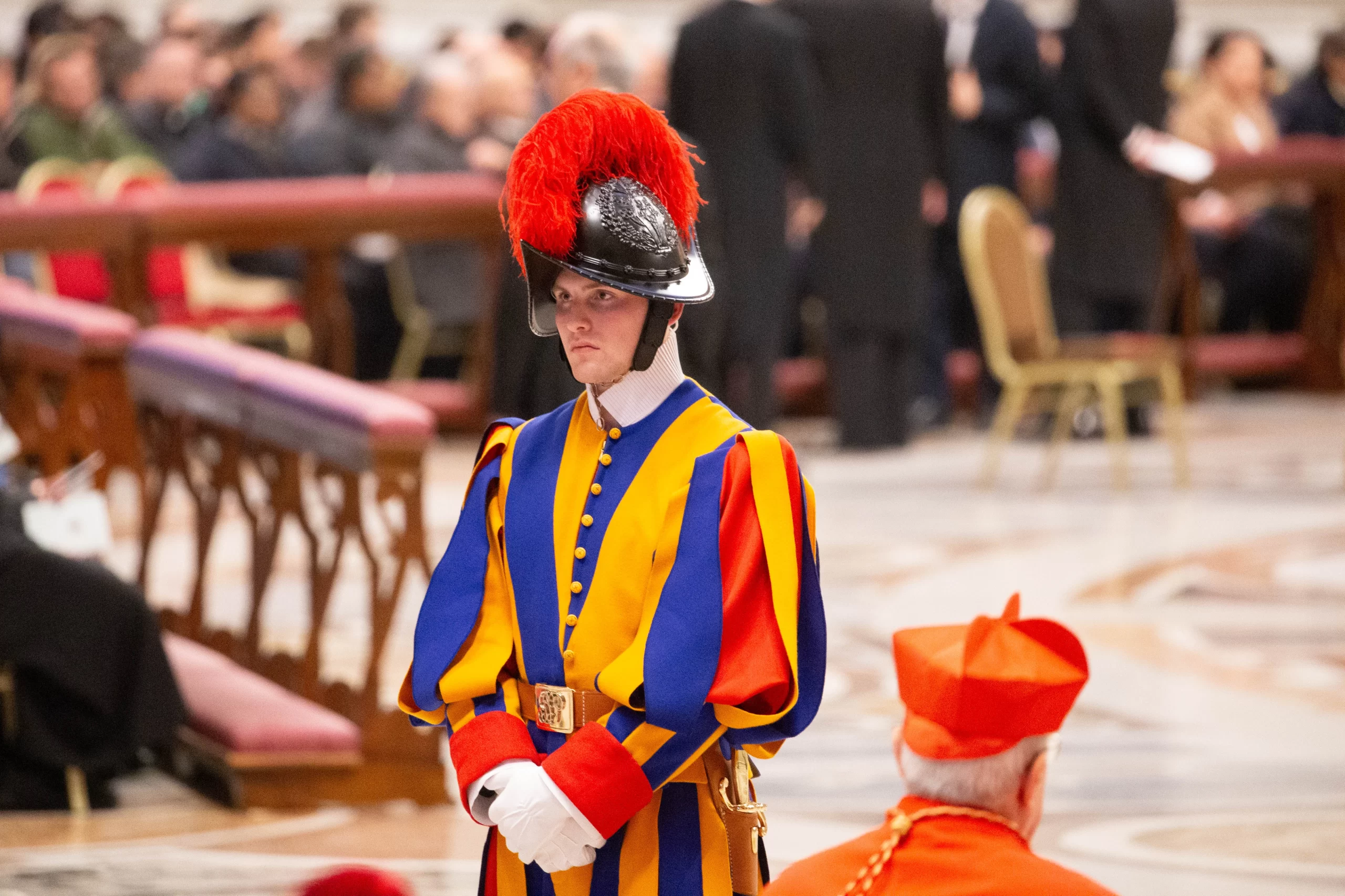 A member of the Pontifical Swiss Guard stands at attention during the first vespers celebration at St. Peter's Basilica in Vatican City, Feb. 1, 2025. Credit: Anhelina Martsisheuskaya/CNA