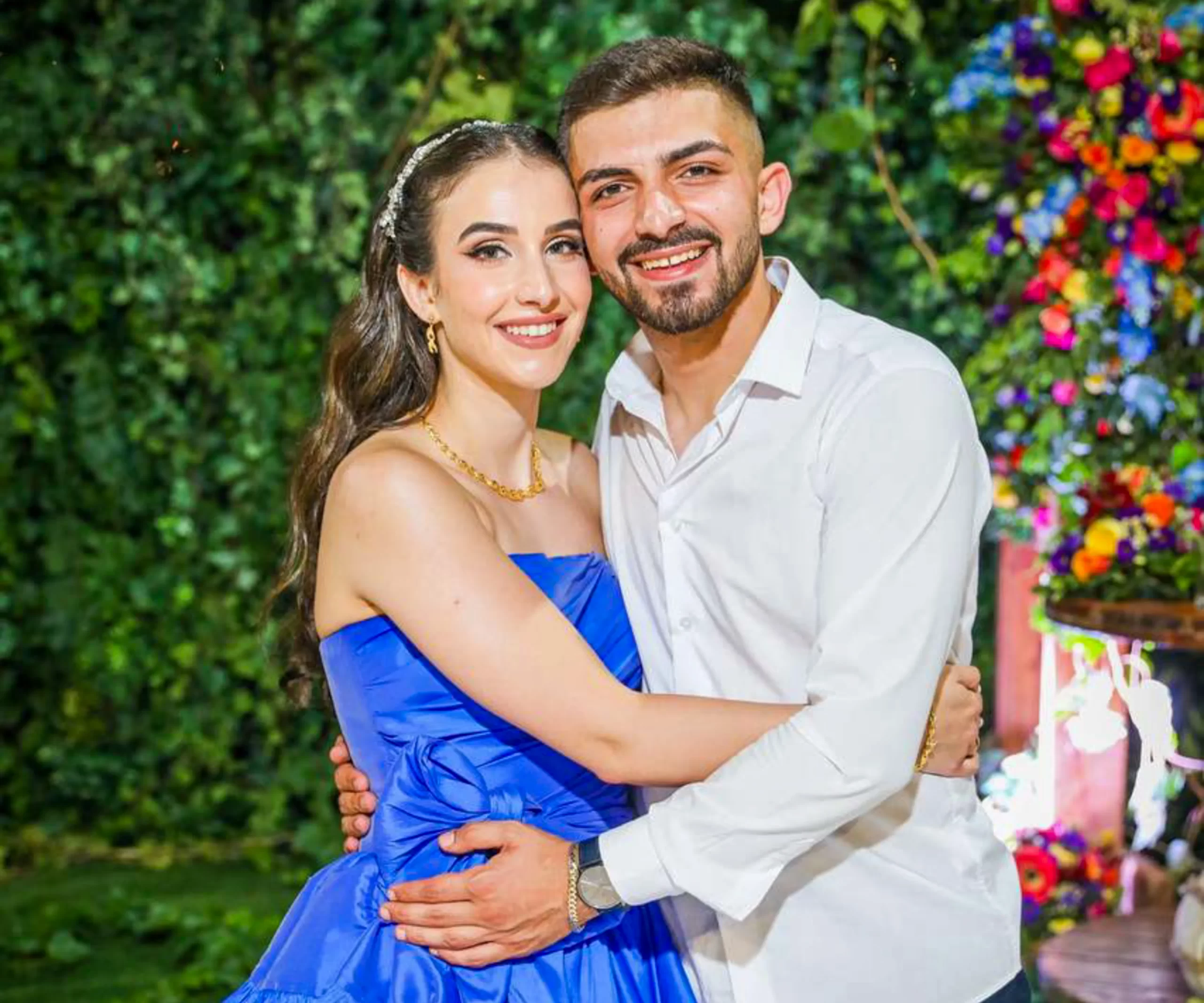 Sabeen Rahil and Elias Al Arja pose after they were officially engaged on Aug. 3, 2024. “After the war started, we talked about living abroad,” they said. Together, they made the decision to get officially engaged but also to remain in their homeland. “We told each other that there’s no better place to live than where Jesus was born,” Al Arja said. Credit: Photo courtesy of Sabeen Rahil and Elias Al Arja