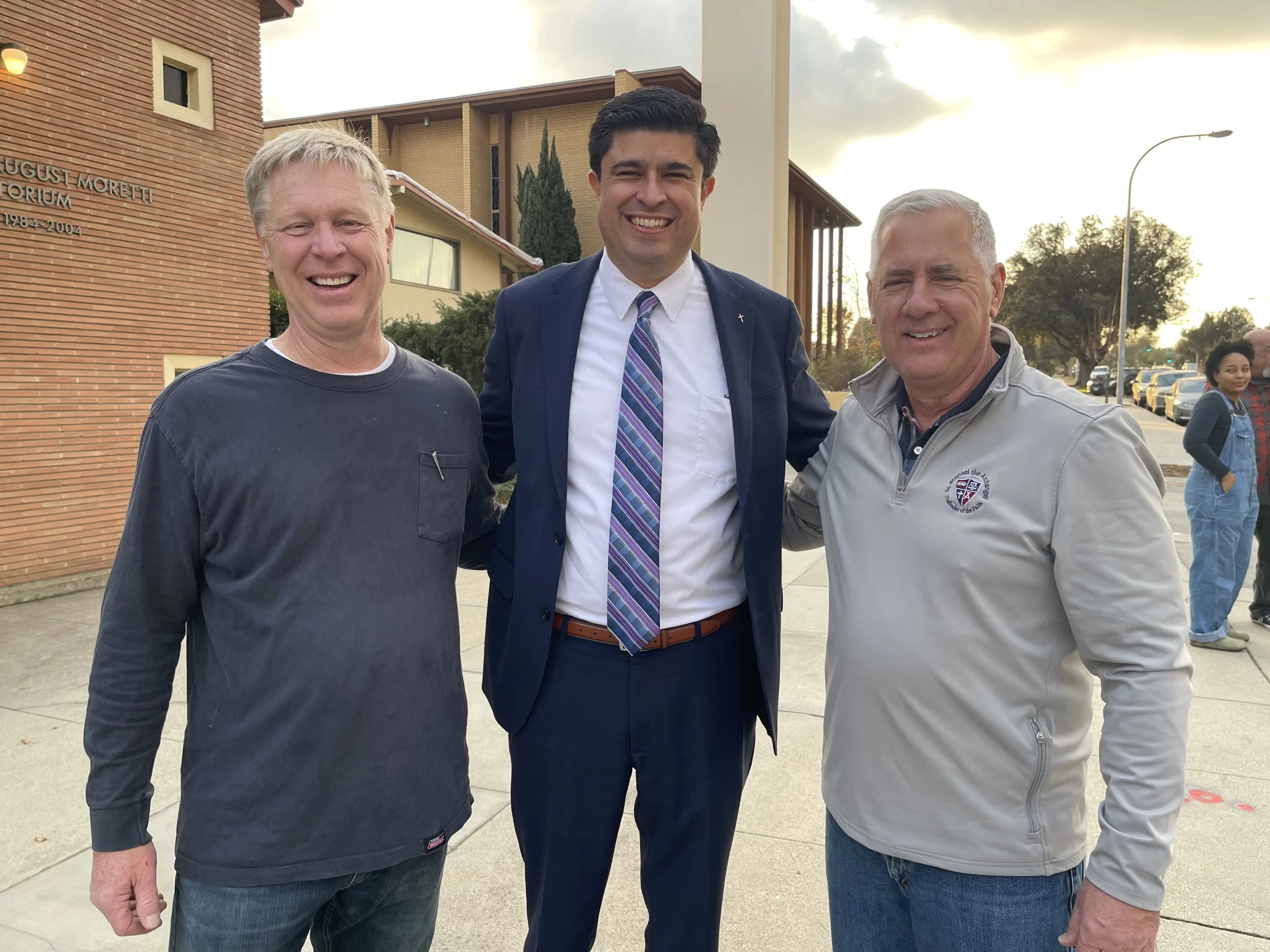 Left to right: Mike Klover, Los Angeles Catholic Schools Superintendent Paul Escala, and Deacon Greg Trum at Assumption of the Blessed Virgin Mary Parish in Pasadena, California, on Jan. 28, 2025. Credit: Photo courtesy of Greg Trum