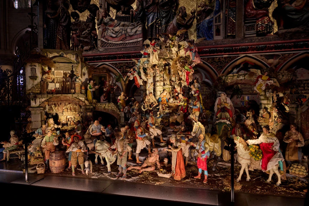 A Nativity scene in the recently reopened Notre Dame Cathedral on Dec. 20, 2024, in Paris. The large 18th century Nativity scene, comprised of more than 150 figurines, which were amassed over a lifetime by the collector Alberto Ravaglioli, who died prematurely last year, will remain on display in the landmark cathedral until February after its official reopening Dec. 8 following a five-year renovation after a devastating fire on April 15, 2019. Credit: Kiran Ridley/Getty Images