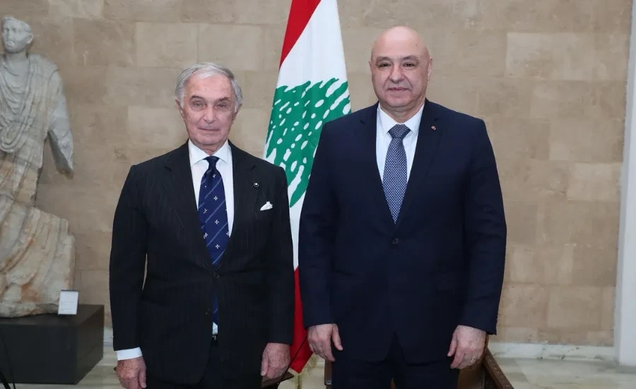 Lebanese President Joseph Aoun (right) welcomes Sovereign Order of Malta Grand Chancellor Riccardo Paternò di Montecupo and the delegation at Baabda's presidential palace on March 14, 2025. Credit: Sovereign Order of Malta