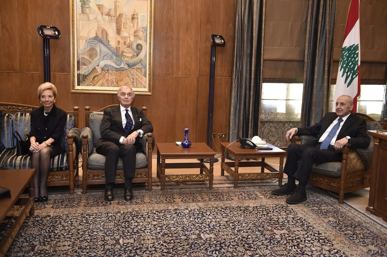 Parliament Speaker Nabih Berri (far right) welcomes Sovereign Order of Malta Grand Chancellor Riccardo Paterno di Montecupo and the delegation at his Ain el-Tineh residence. Credit: The Sovereign Order of Malta