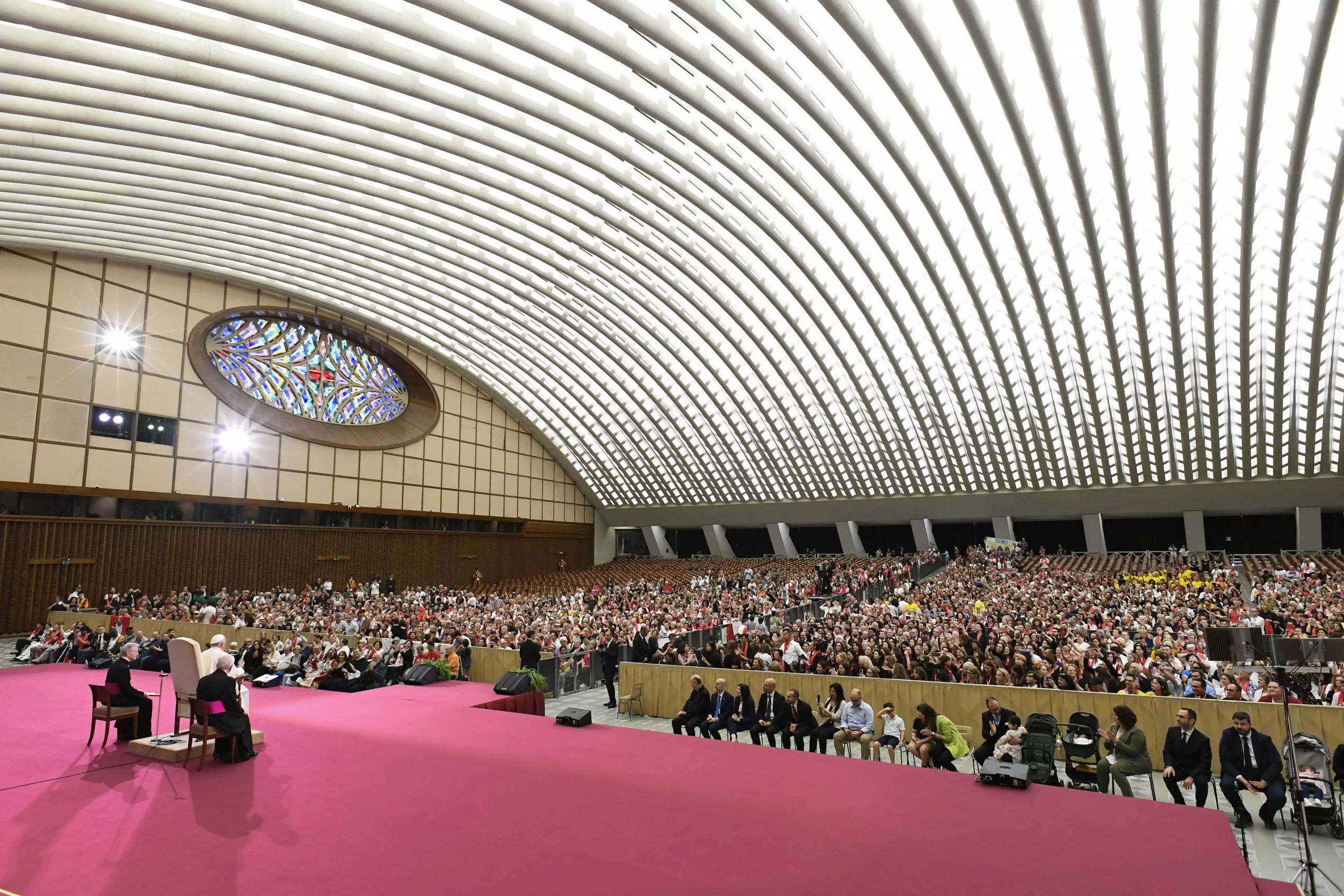 Pope Francis addresses participants of the 4th International Meeting of Choirs during a meeting in the Vatican's Paul VI Hall on June 8, 2024. Credit: Vatican Media