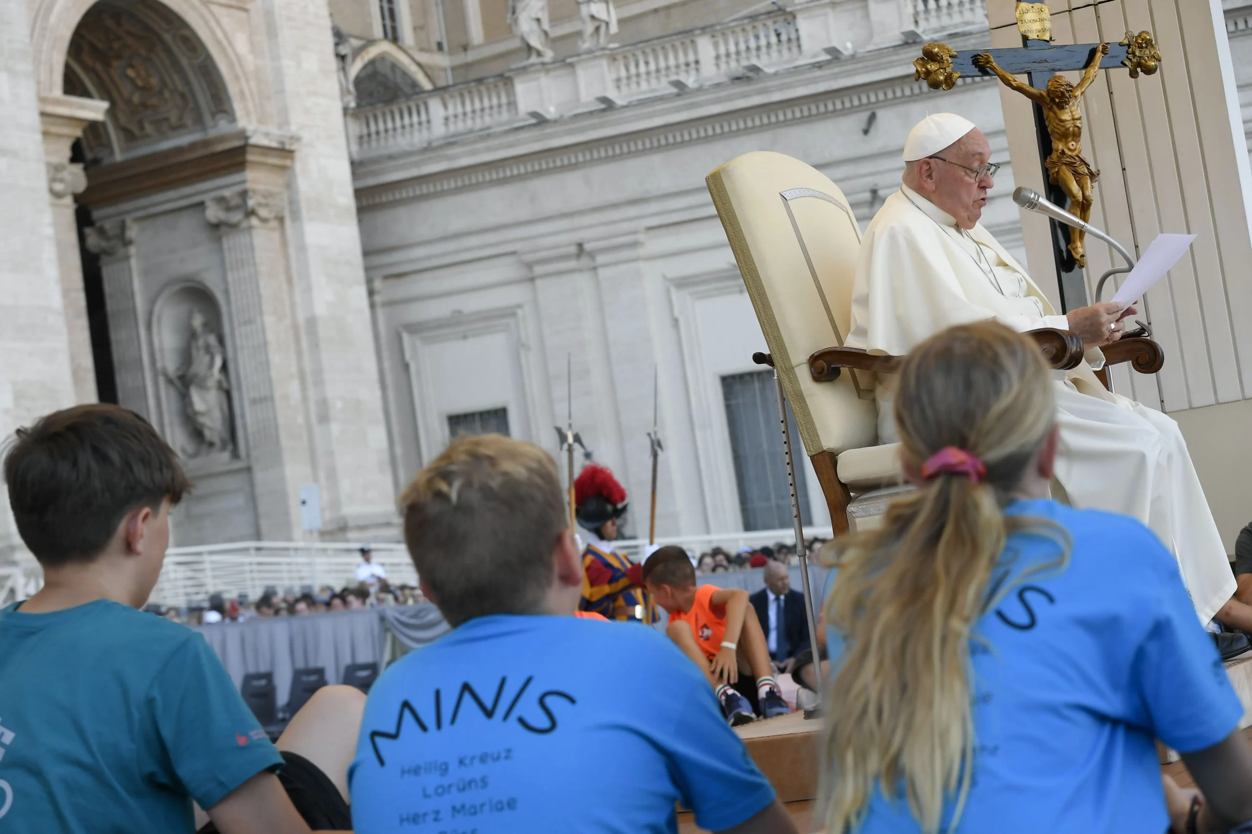 Pope Francis addresses tens of thousands of altar servers packed in St. Peter’s Square for a special audience on July 30, 2024. Credit: Vatican Media