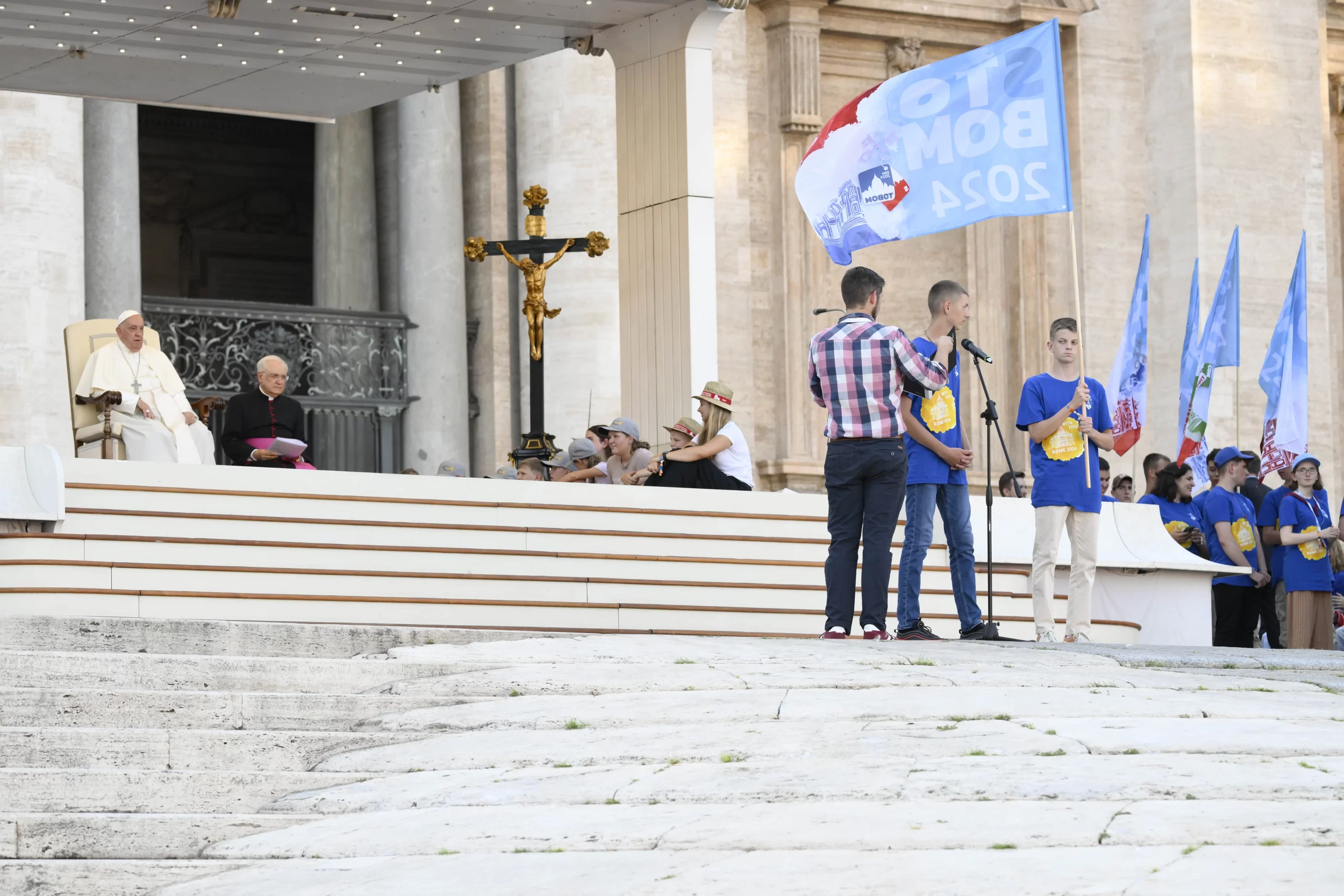 Pope Francis celebrates a liturgy with tens of thousands of altar servers packed in St. Peter’s Square for a special audience on July 30, 2024. Credit: Vatican Media