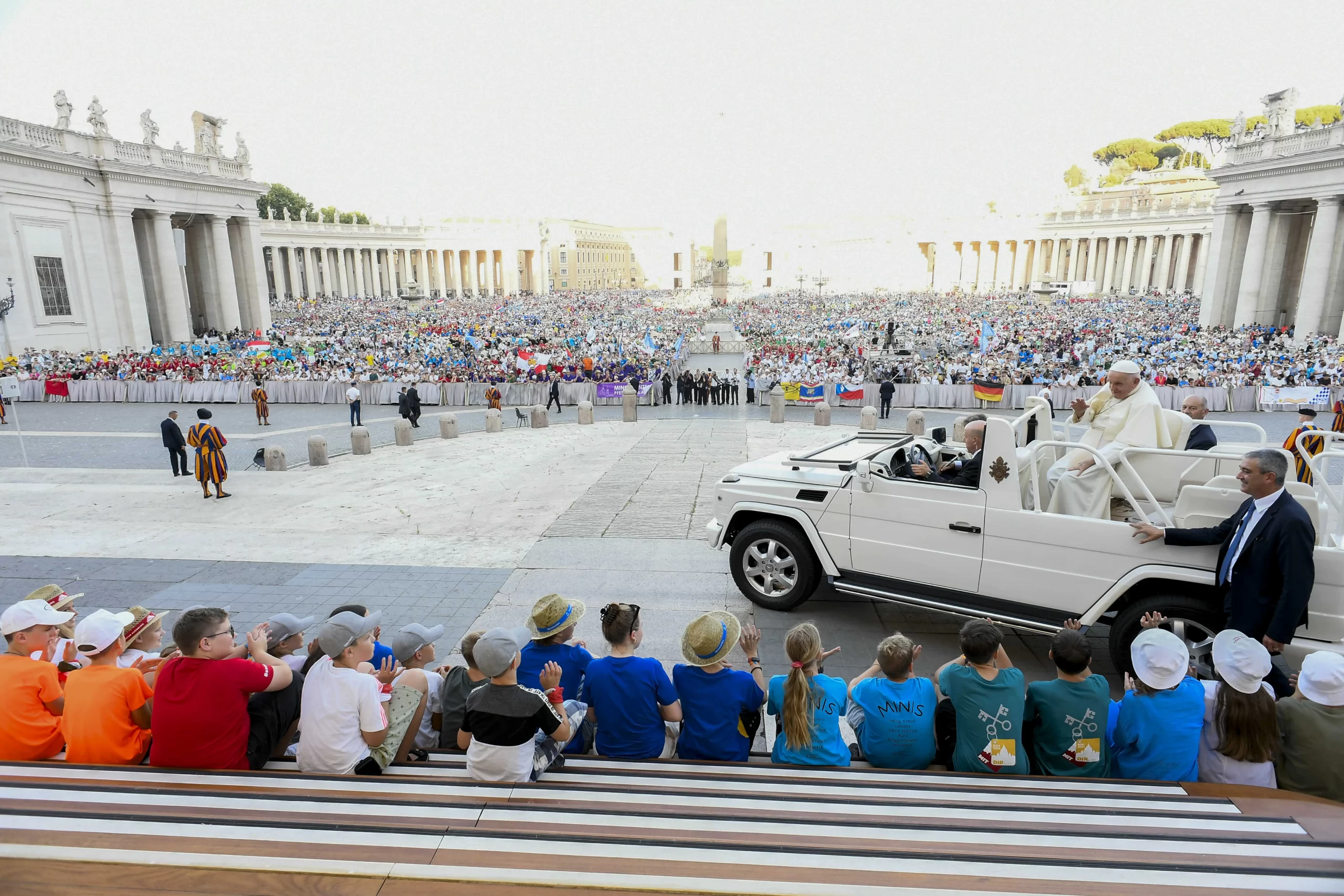 Pope Francis greets tens of thousands of altar servers packed in St. Peter’s Square for a special audience on July 30, 2024. Credit: Vatican Media