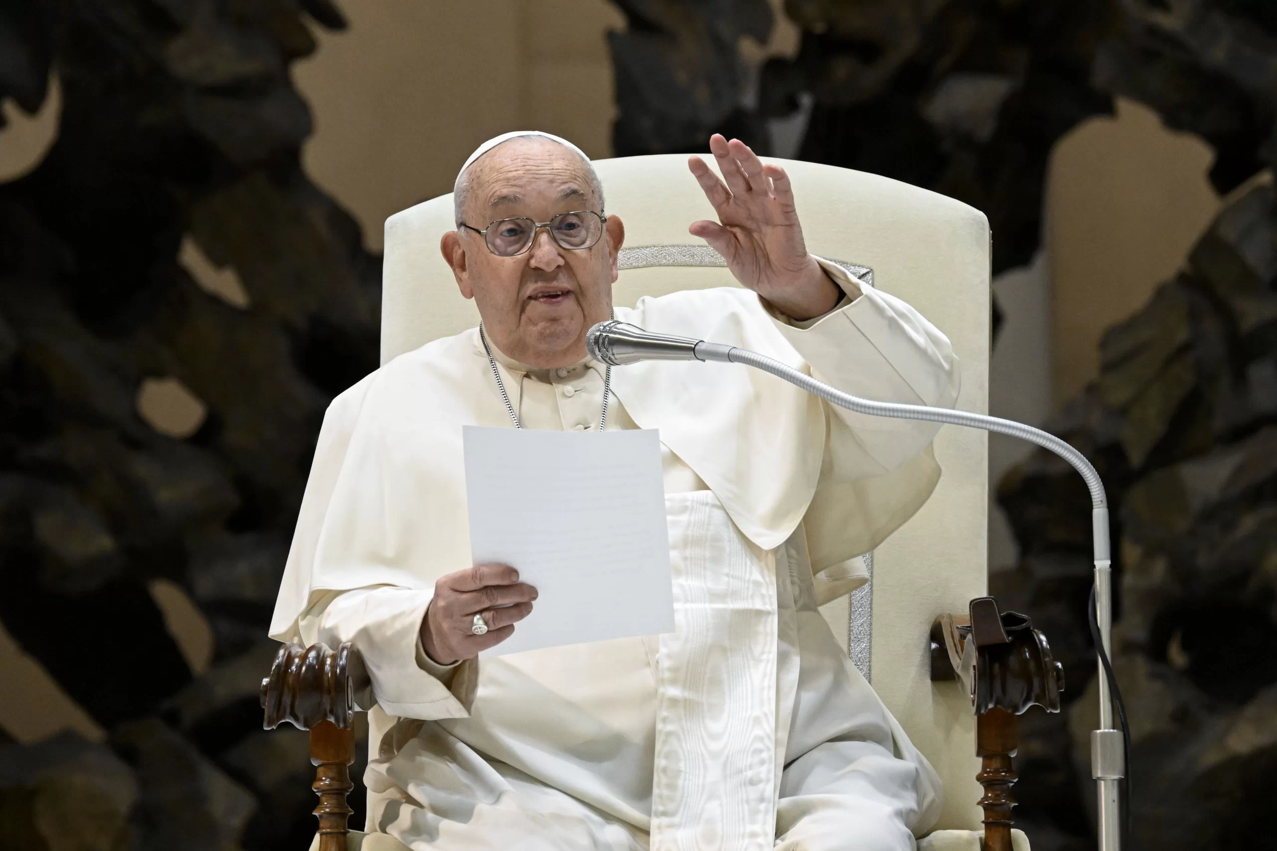 Pope Francis waves to pilgrims gathered for his general audience on Wednesday, Jan. 8, 2025, in Paul VI Hall at the Vatican. Credit: Vatican Media