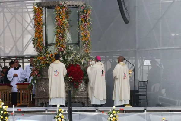 Clergy venerate the image of the Virgin of El Quinche at the 53rd International Eucharistic Congress in Quito, Ecuador, on Sept. 8, 2024. Credit: Eduardo Berdejo/EWTN News