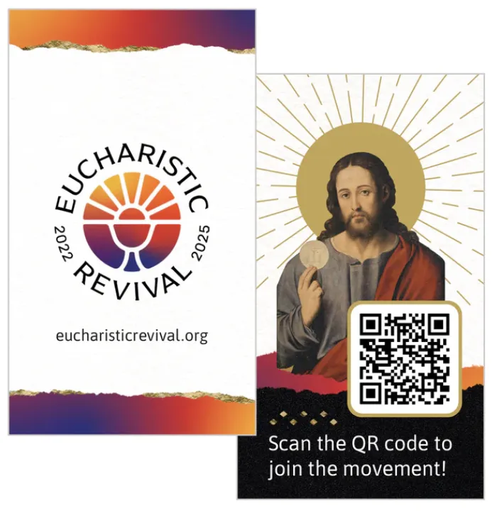 Pilgrims handed out cards to passersby that included a QR code directing them to the National Eucharistic Revival's website. Credit: National Eucharistic Revival