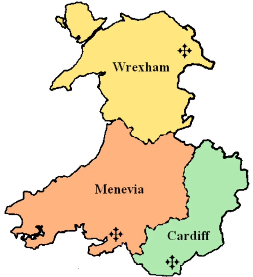 The three Catholic dioceses in Wales. Credit: self-created, CC BY-SA 3.0, via Wikimedia Commons