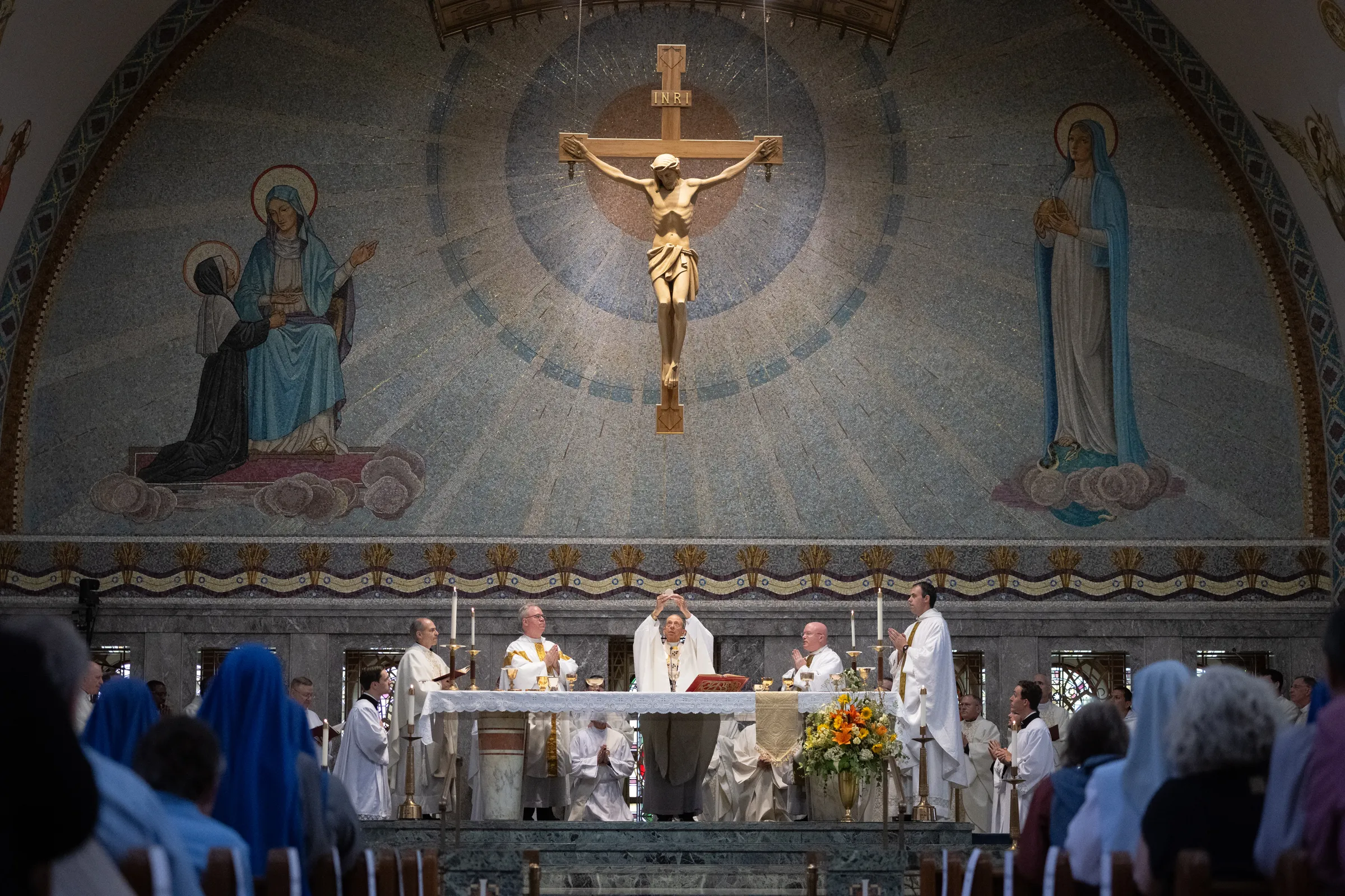 Archbishop William Lori celebrates Mass at the basilica at the National Shrine of Saint Elizabeth Ann Seton in Emmitsburg, Maryland, on June 6, 2024. Credit: Jeffrey Bruno