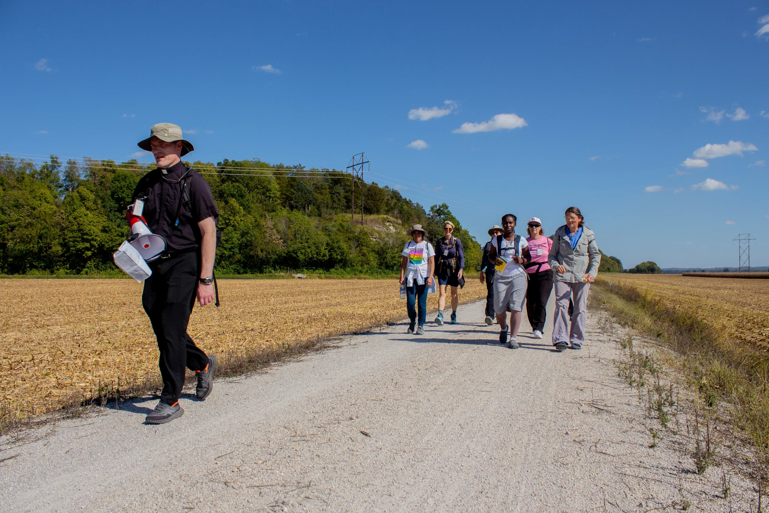 Father Timothy Foy, left, leads pilgrims on the Katy Trail Pilgrimage on Oct. 9, 2023. Credit: Jonah McKeown/CNA