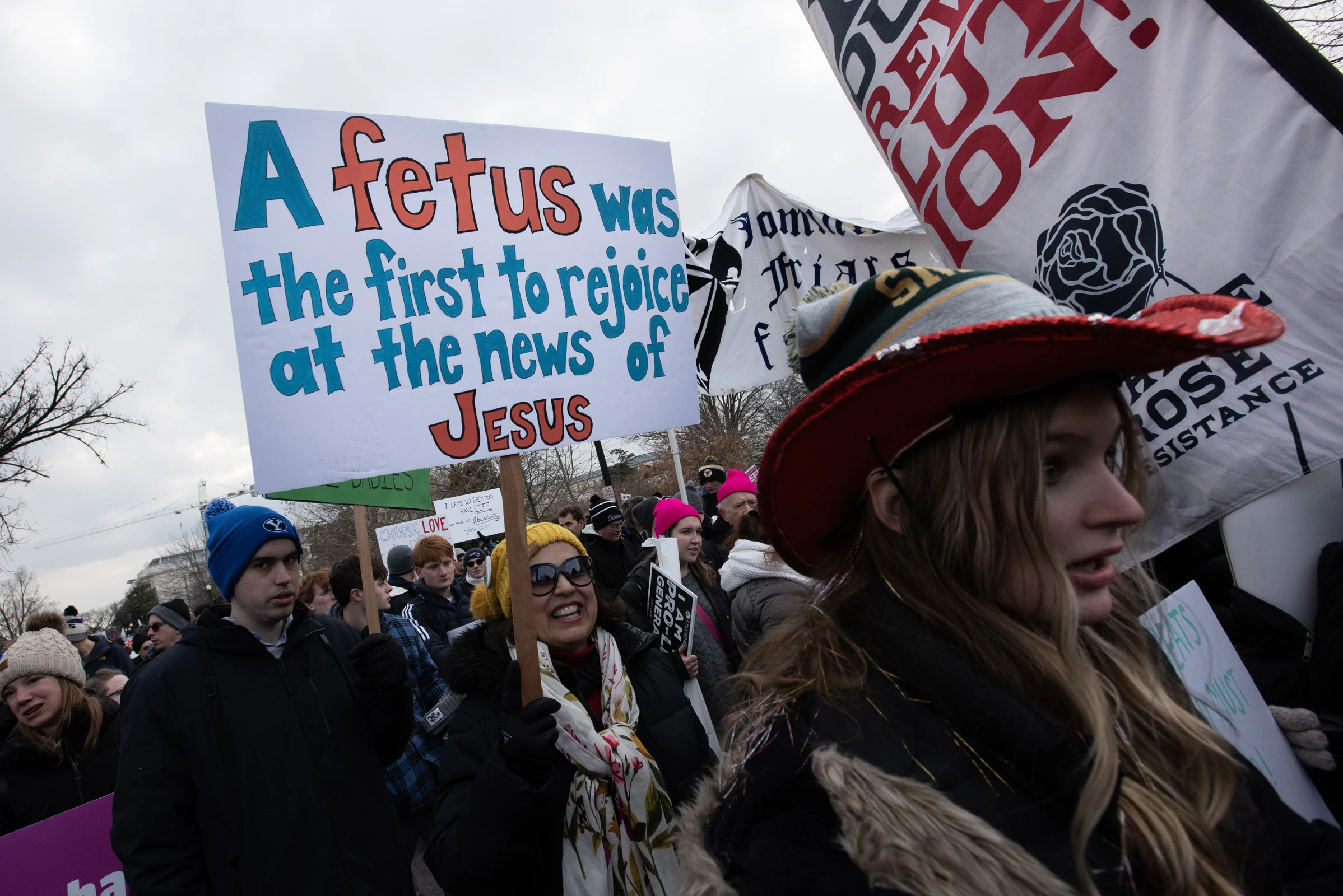 "A fetus was the first to rejoice at the news of Jesus" sign seen at the 2025 March for Life. Credit: Jeffrey Bruno