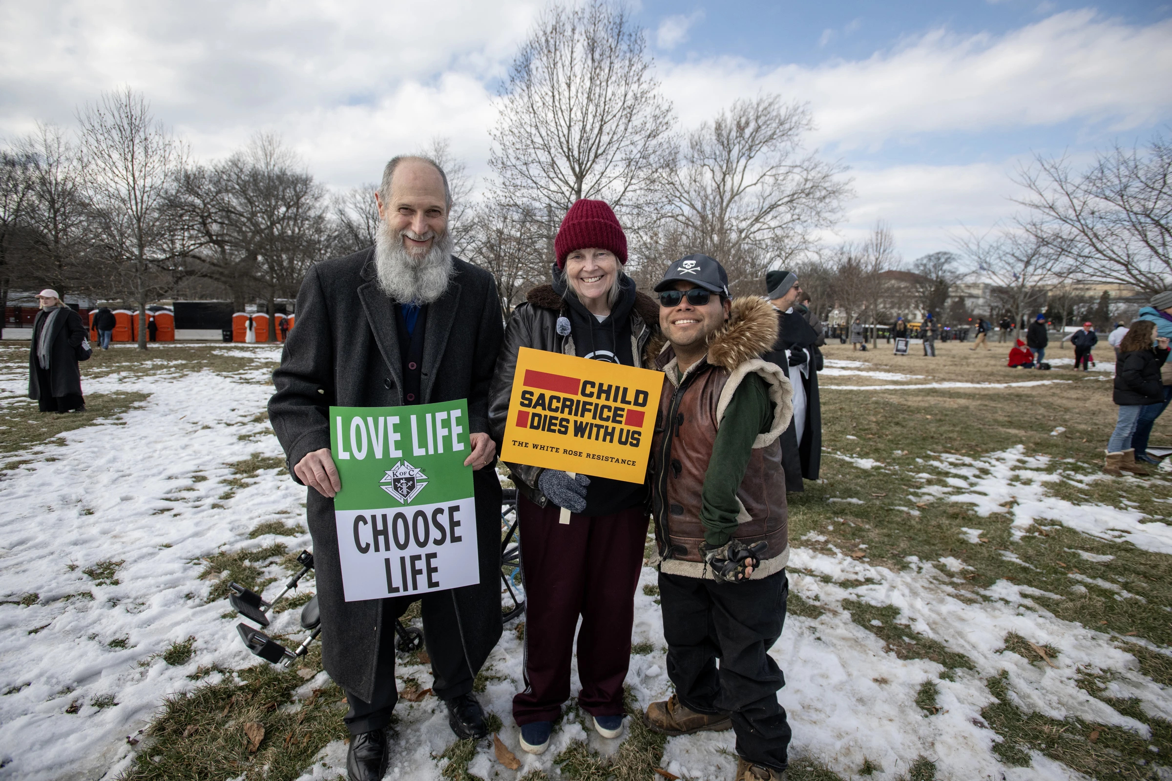 Pardoned by President Trump and released from jail just hours before, Joan Andrews Bell (center) arrived at the March for Life rally with her husband Chris and son Emiliano Bell. Credit: Jeffrey Bruno