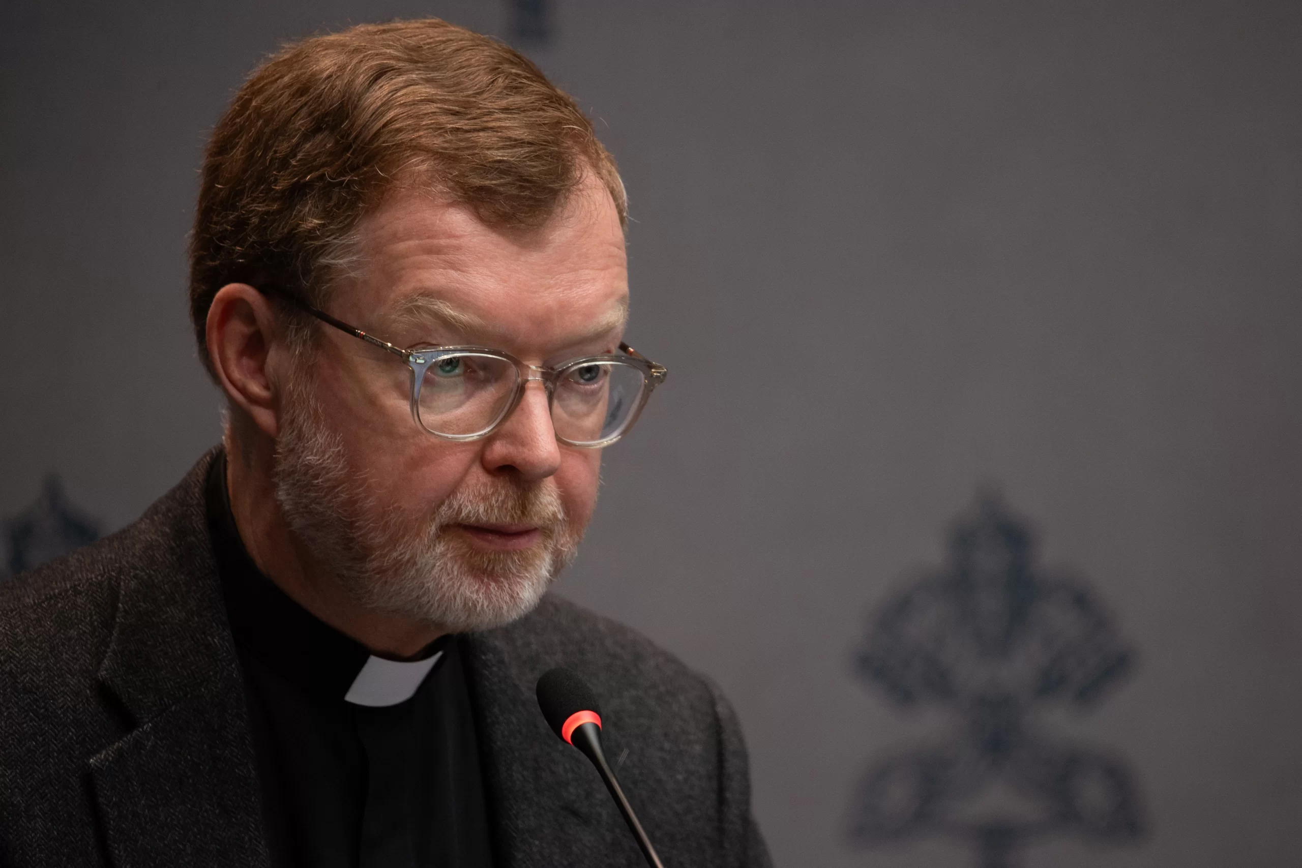 Jesuit Father Hans Zollner, director of the Institute of Anthropology, Pontifical Gregorian University, speaks at a press conference on “Risks and Opportunities of AI for Children: A Common Commitment for Safeguarding Children” on March 20, 2025, at the Vatican. Credit: Daniel Ibañez/CNA