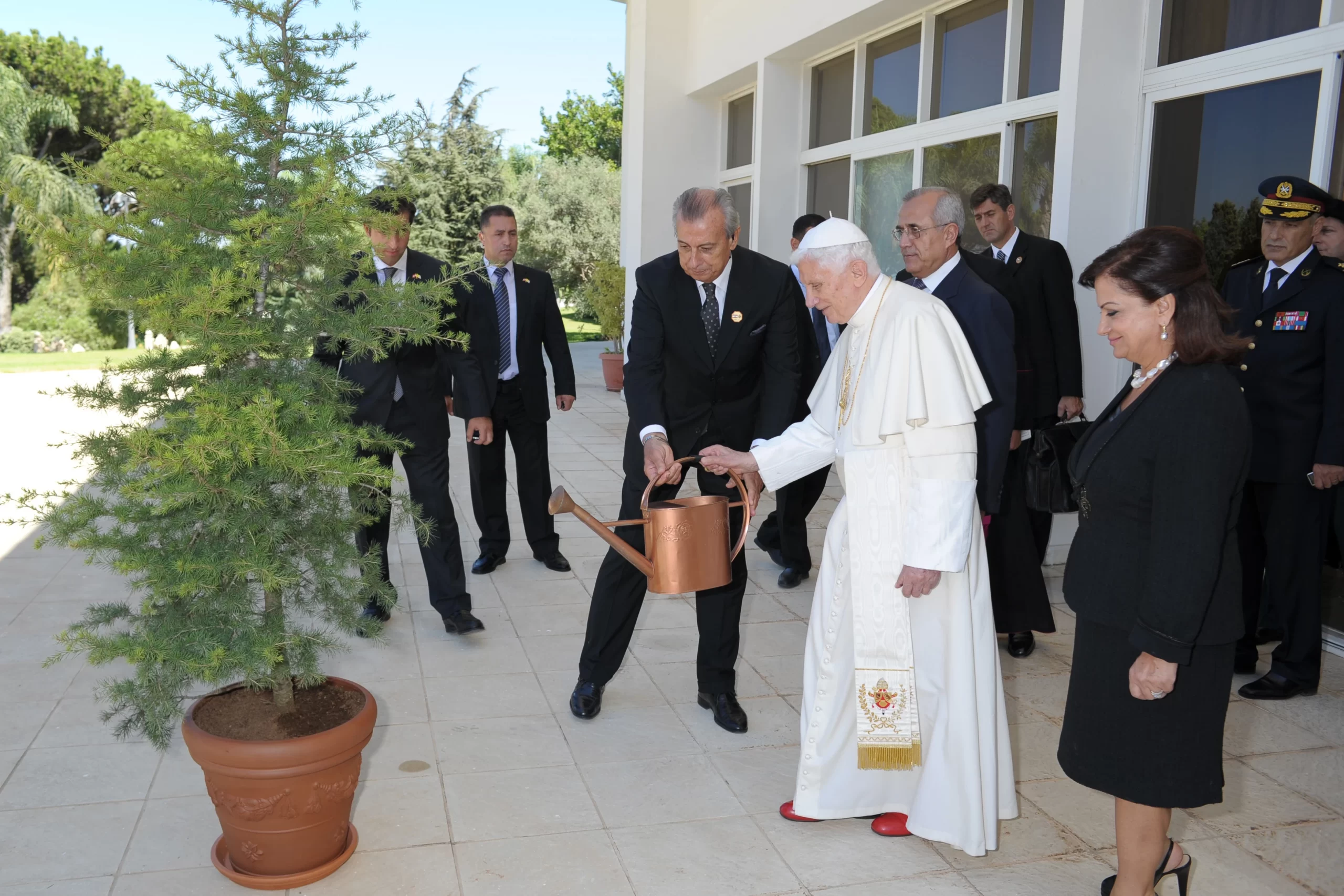 Pope Benedict XVI plants a sapling Lebanese cedar tree in the gardens of the presidential palace with Lebanon's then-President Michel Sleiman during a visit to Lebanon on Sept. 15, 2012. Credit: Vatican Media