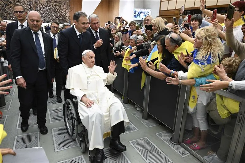 Pope Francis spoke to members of Italian Christian Workers’ Associations at the Vatican on June 1, 2024, about "interceding for peace.". Credit: Daniel Ibáñez/EWTN News