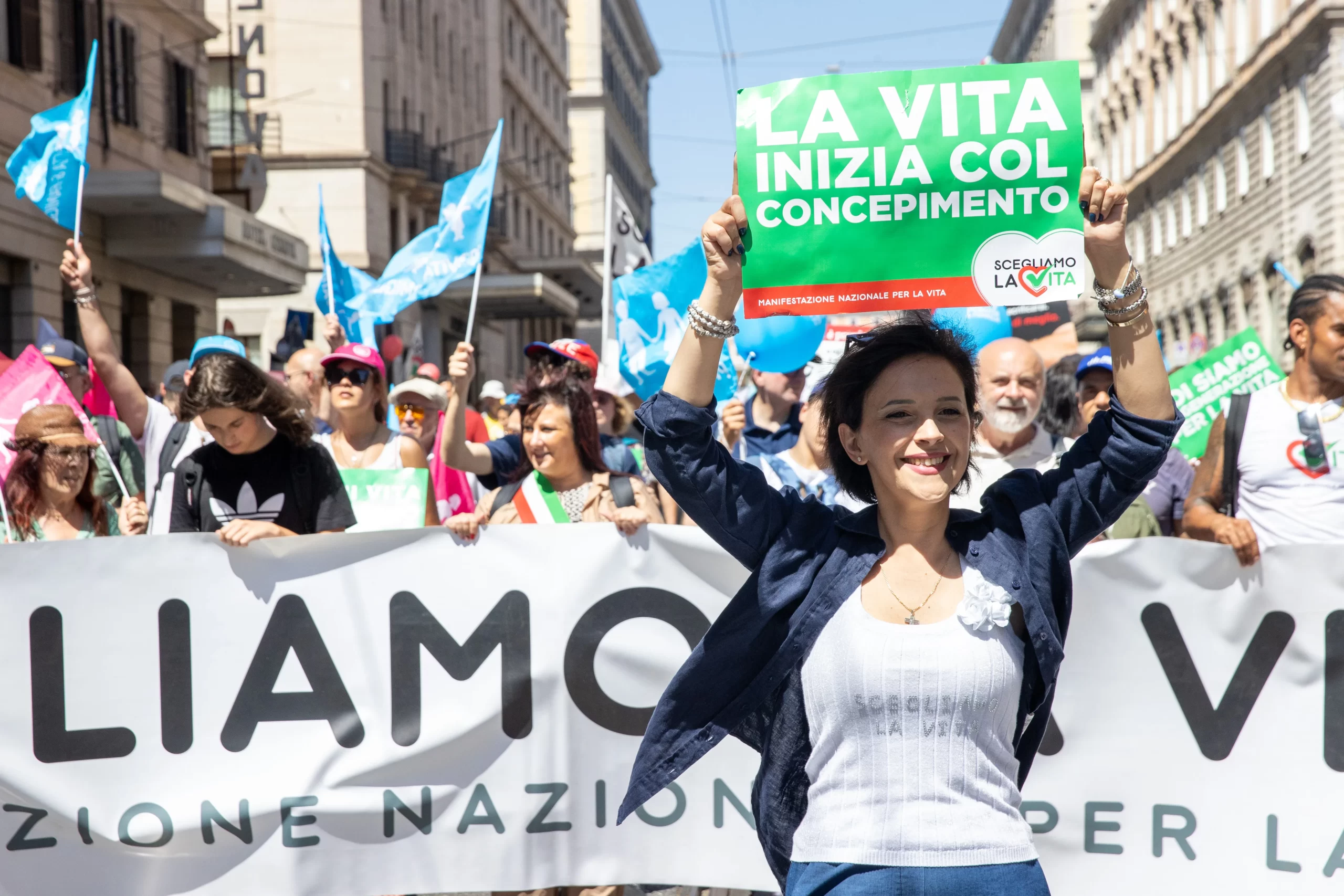 "Life begins at conception" reads a sign at Rome's pro-life march June 22, 2024. Credit: Daniel Ibáñez