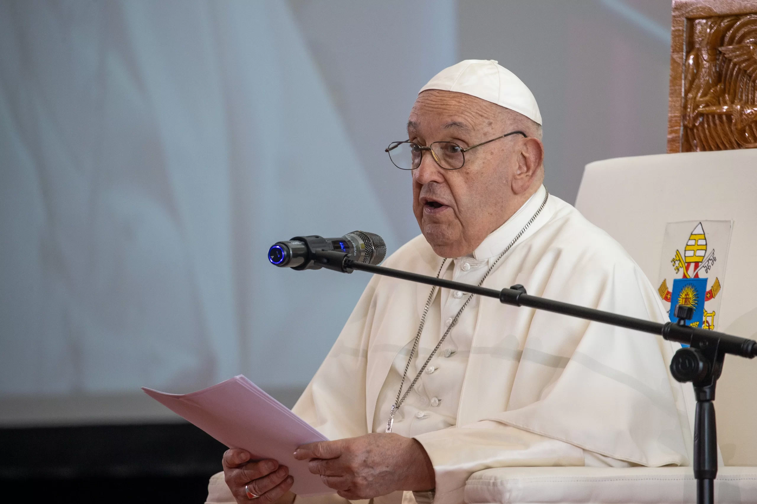 Pope Francis speaking to civic leaders, authorities and diplomats at the APEC Haus in Port Moresby, Papua New Guinea, on Sept. 7, 2024. Credit: Daniel Ibáñez/CNA