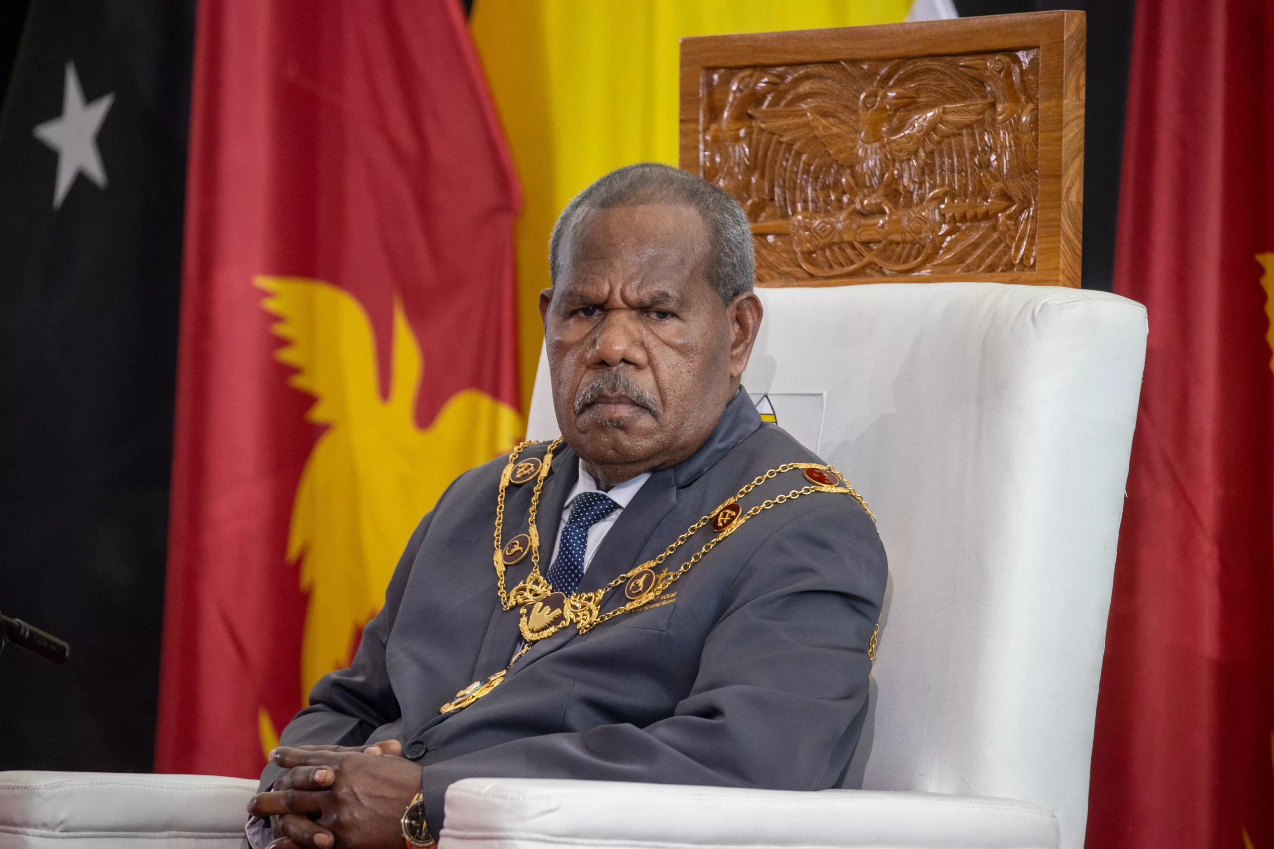 Governor General Sir Bob Bofeng Dadae sitting in APEC Haus in Port Moresby, Papua New Guinea, at the official welcome to the Roman pontiff, Sept. 7, 2024. Credit: Daniel Ibáñez/CNA