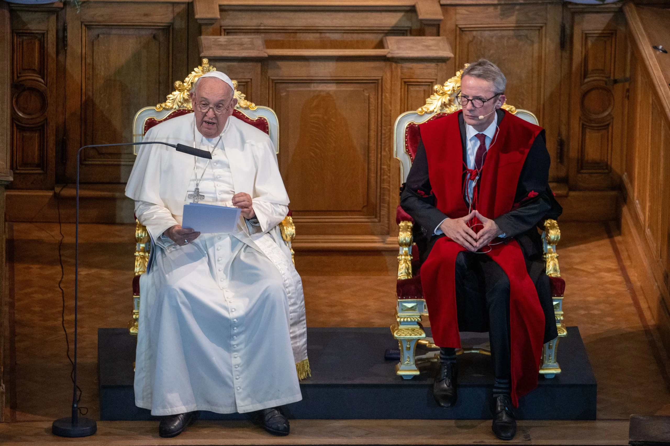 Pope Francis speaks next to Belgian sociology Professor Luc Sels during a meeting with academics at KU Leuven, a Belgian Catholic research university, on Friday, Sept. 27, 2024. Credit: Daniel Ibáñez/CNA