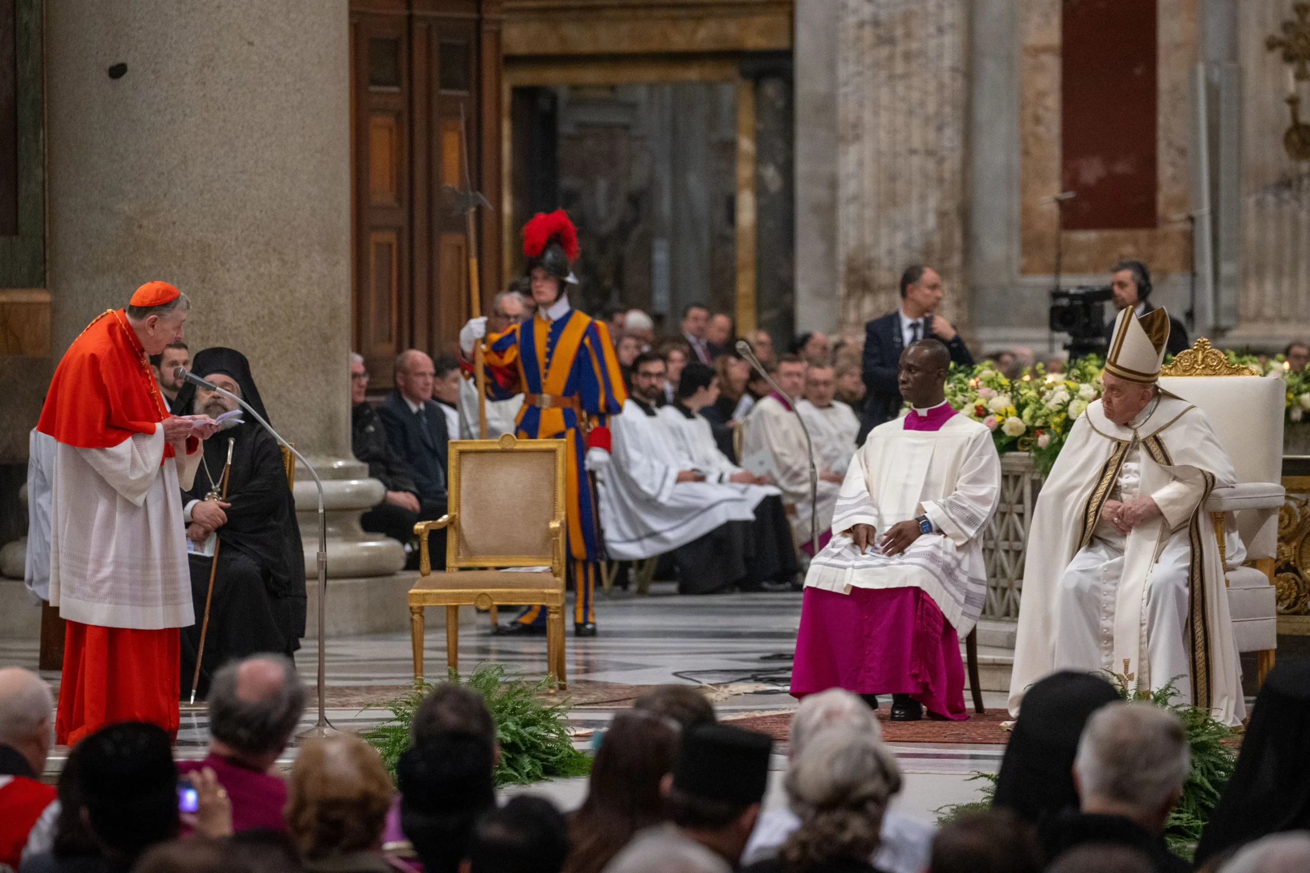 Cardinal Kurt Koch, prefect of the Dicastery for Promoting Christian Unity, addresses Pope Francis during vespers at the Basilica of St. Paul Outside the Walls for the conclusion of the Week of Prayer for Christian Unity, Jan. 25, 2025. Credit: Daniel Ibáñez/CNA