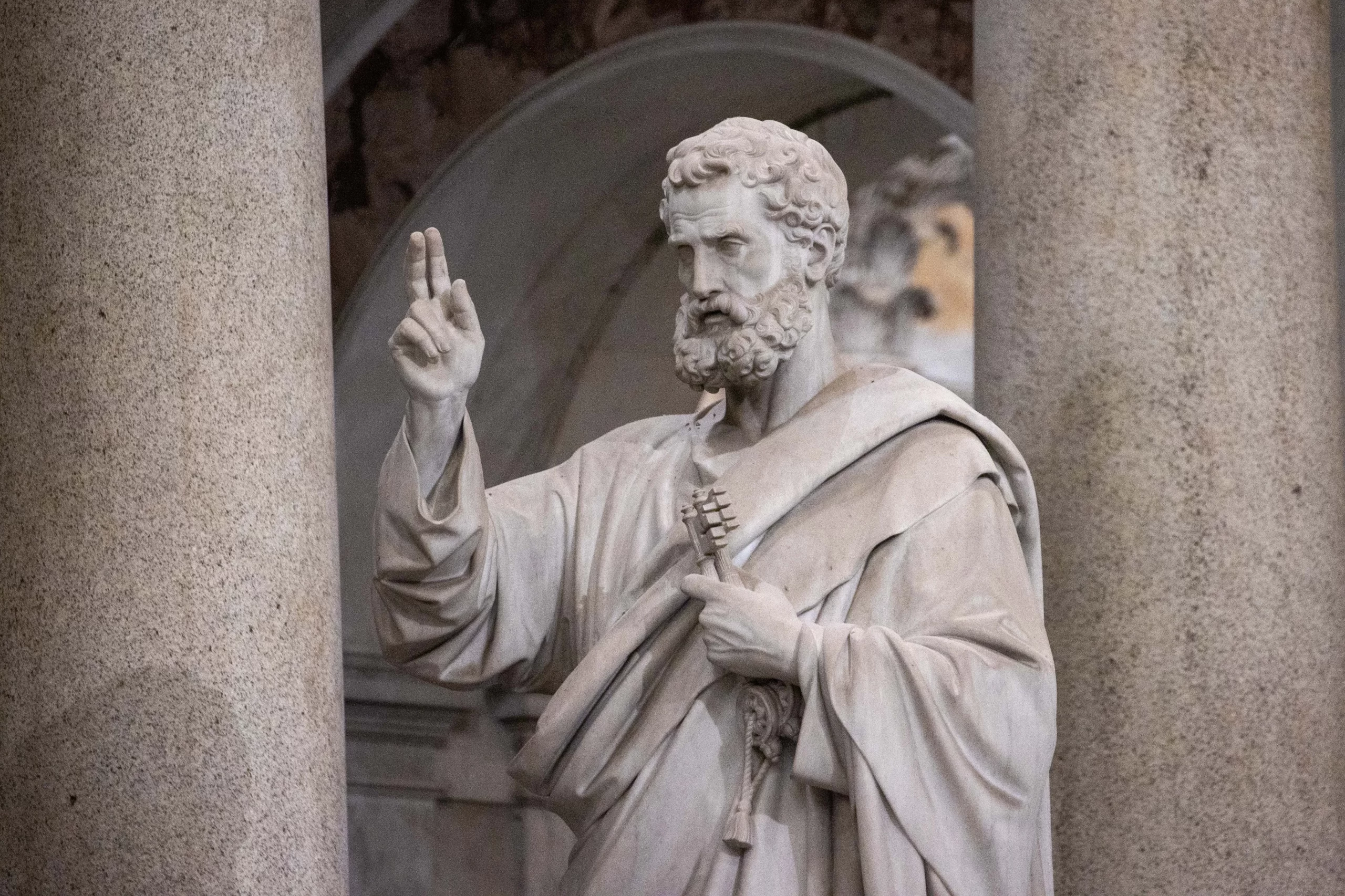 A statue of St. Paul at the Basilica of St. Paul Outside the Walls in Rome looks over the celebration concluding the Week of Prayer for Christian Unity, Jan. 25, 2025. Credit: Daniel Ibáñez/CNA