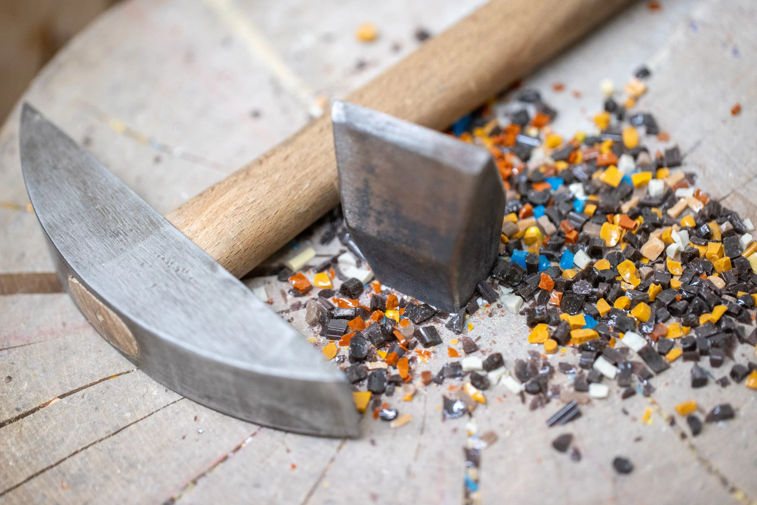 Crushed material for mosaics are seen at the School of Arts and Crafts of the Fabbrica di San Pietro, Vatican, Friday, Feb. 14, 2025. Credit: Daniel Ibáñez/CNA