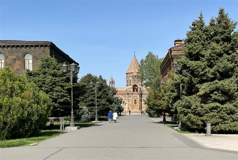 The Etchmiadzin Cathedral, which Armenian literary tradition attests is the oldest church in the country. But Achim Lichtenberger says this "does not mean that Etchmiadzin is younger than the Artaxata church, it only means that the Artaxata church provides earlier archaeological evidence. Therefore we assume that the Artaxata church is the oldest archaeologically attested church in Armenia.” Credit: Madalaine Elhabbal