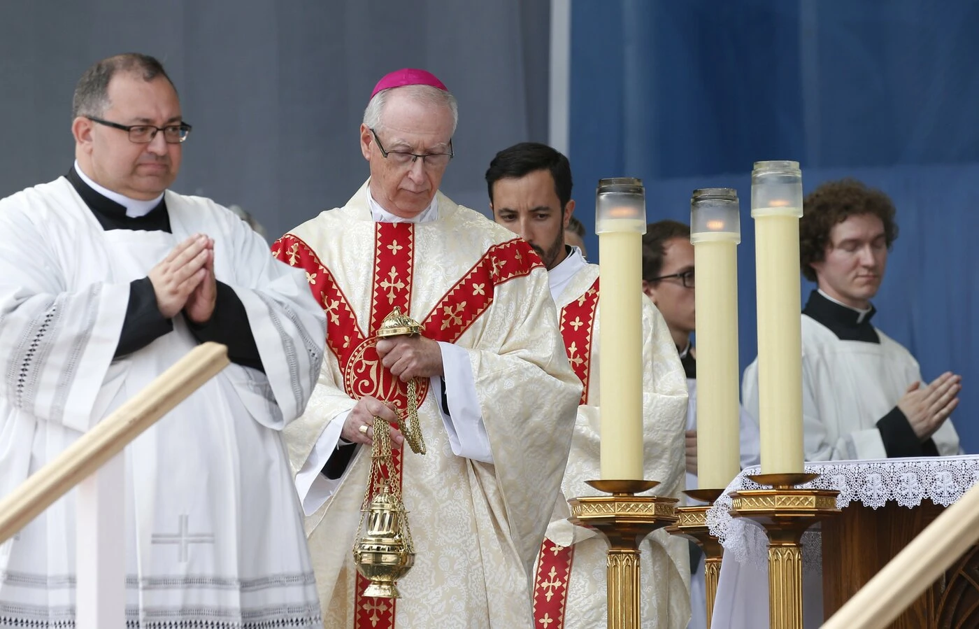 Edmonton Archbishop Richard Smith celebrates Mass with Pope Francis at Commonwealth Stadium in Edmonton in July 2022. Credit: CNS/Paul Haring