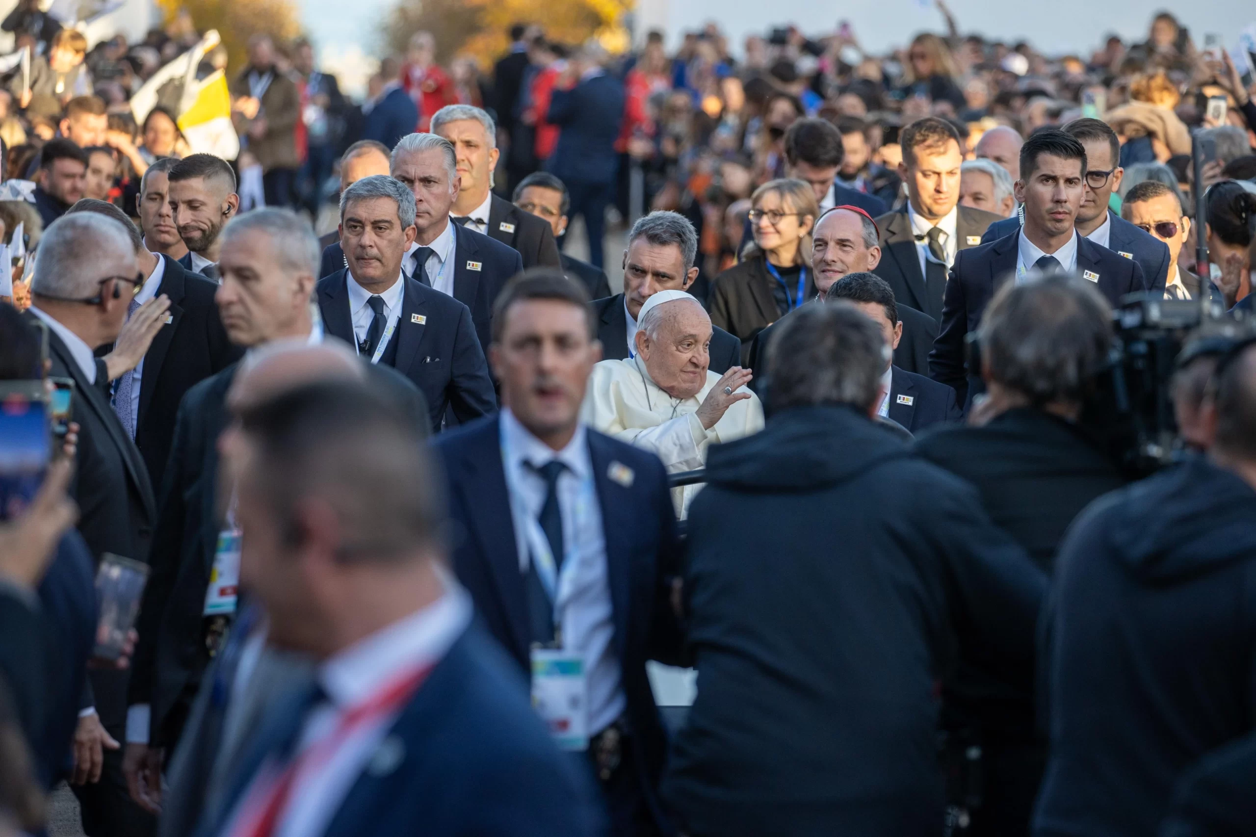 Pope Francis is seen among crowds on the island of Corsica, Sunday, Dec. 15, 2024. Credit: Daniel Ibáñez/CNA