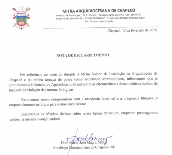 Clarifying note from the Archdiocese of Chapecó in Brazil. Credit: Courtesy of Archdiocese of Chapecó