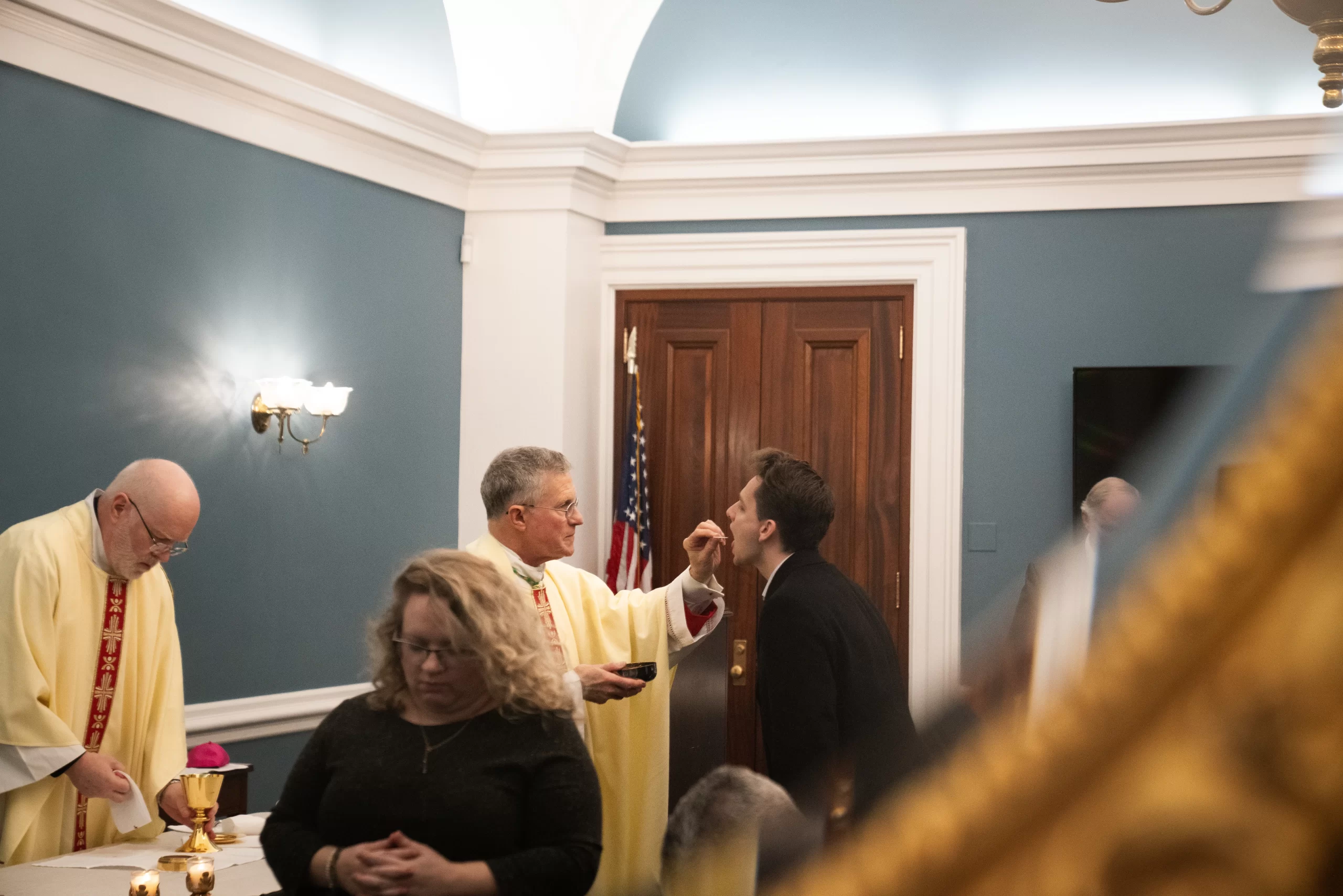 Congressional staff members receive Communion at a Mass celebrated by Archbishop Timothy Broglio at the U.S. Capitol on Dec. 12, 2024, the feast of Our Lady of Guadalupe. Credit: Migi Fabara/CNA