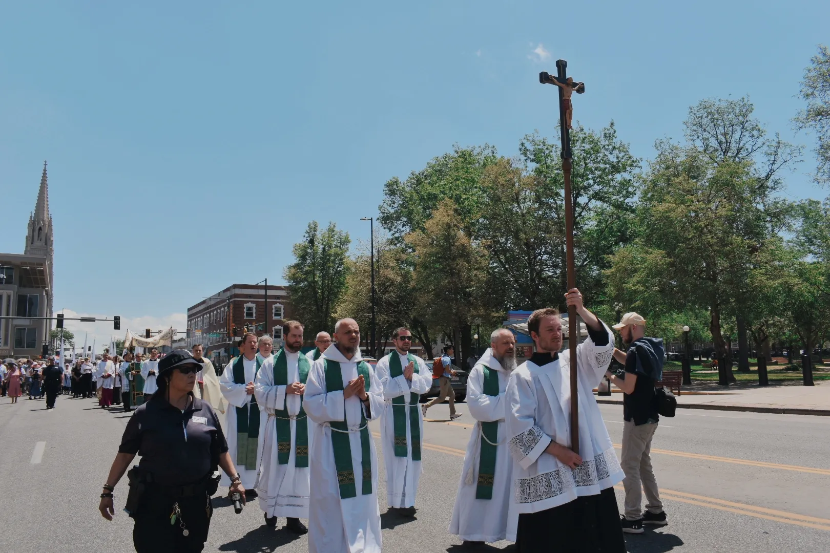 The Denver Eucharistic procession leaves the Cathedral Basilica of the Immaculate Conception in Denver on June 9, 2024. Credit: Kate Quiñones/CNA