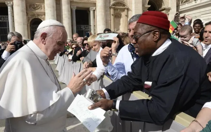 Tony Nnachetta shares a moment with Pope Francis. The married father of four is a parishioner in the Catholic Archdiocese of Onitsha. Credit: Photo courtesy of ACI Africa