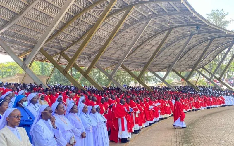Priests, religious, and laypeople from across Africa gather at the Namugongo Shrine in Uganda for this year’s Martyrs’ Day Pilgrimage on June 3, 2024, where Ugandan president Yoweri Kaguta Museveni urged them to be at the forefront of fostering peace in the East African region. Museveni lauded Christians and other believers in the country for "embracing unity" and fostering religious tolerance. Credit: ACI Africa
