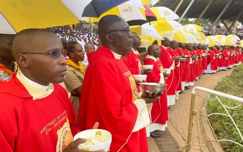 Priests, religious, and laypeople gather at the Namugongo Shrine for this year’s Martyrs’ Day Pilgrimage on June 3, 2024, where the country's president, Yoweri Kaguta Museveni, urged them to be at the forefront of fostering peace in the East African region. Credit: ACI Africa